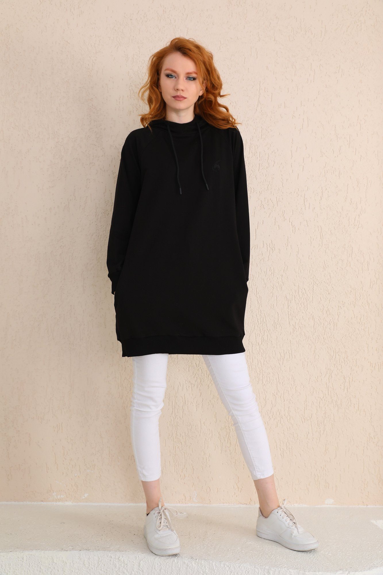 Fleece schwarz Longpullover Sweatkleid mit Bongual Kapuze