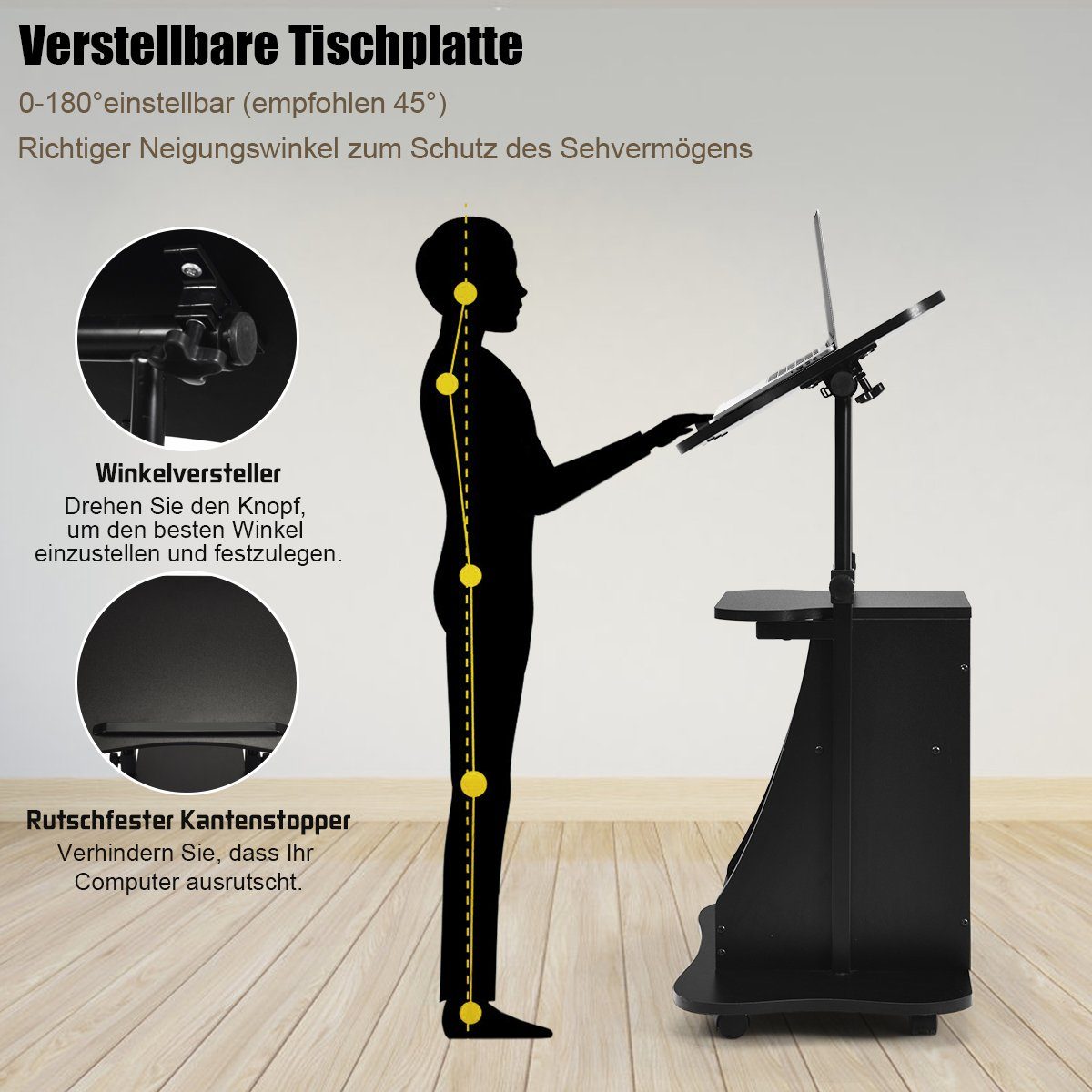 COSTWAY Laptoptisch, höhenverstellbar, mit Schwenkplatte & Fächern
