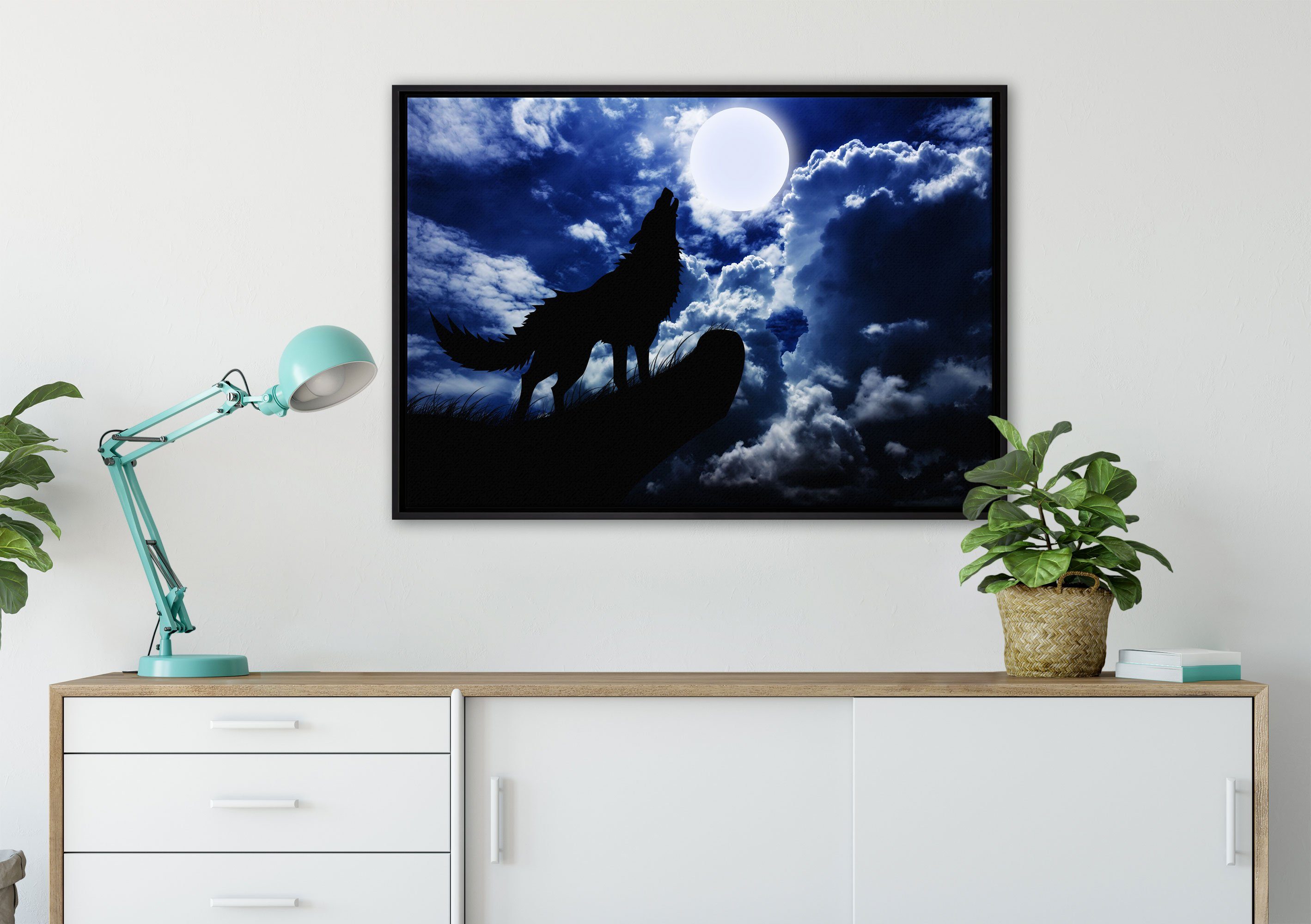 Pixxprint Leinwandbild Wolf im Mondschein, in inkl. einem Zackenaufhänger St), (1 gefasst, Leinwandbild bespannt, Wanddekoration fertig Schattenfugen-Bilderrahmen