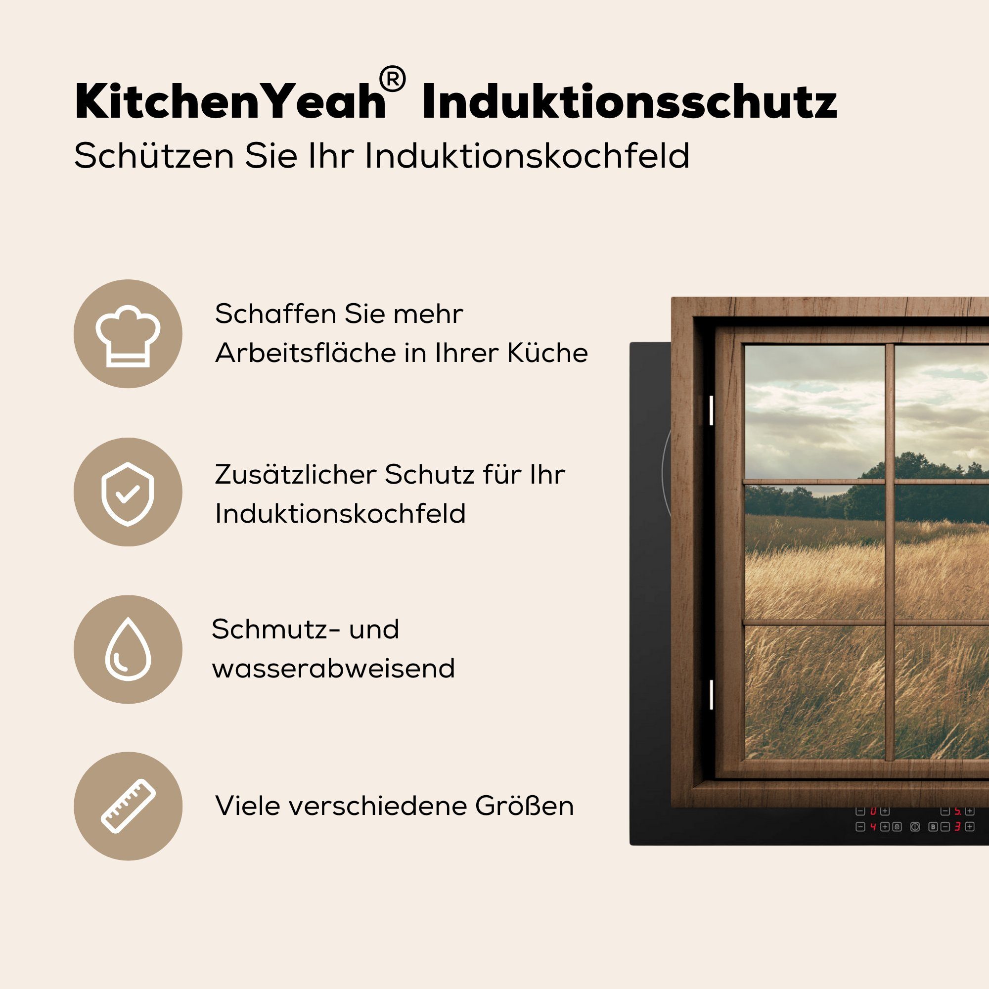 Fenster Herdblende-/Abdeckplatte (1 für 81x52 Weizenfeld, Induktionskochfeld MuchoWow küche, Blick - Ceranfeldabdeckung Vinyl, - tlg), durch cm, Schutz die