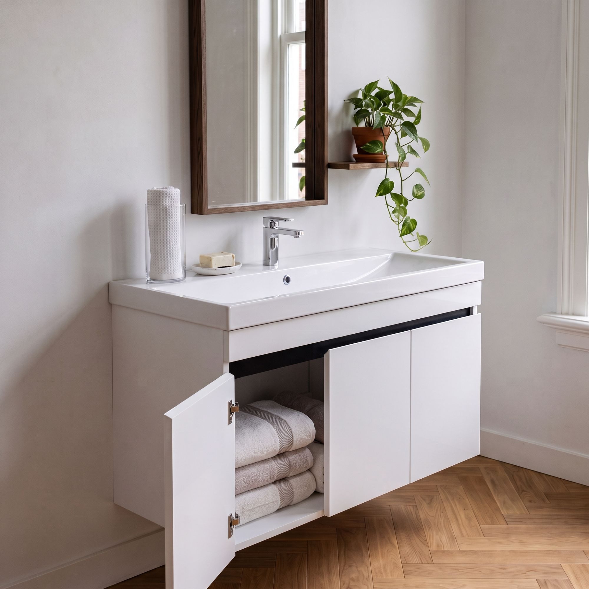 Karen Waschtisch-Set Waschtisch mit Unterschrank Venus Weiß, (2-St., Der Lieferumfang umfasst Unterschrank, eine Konsole und Waschbecken), Futuristisch, Hochgla – Bild 5 von 5