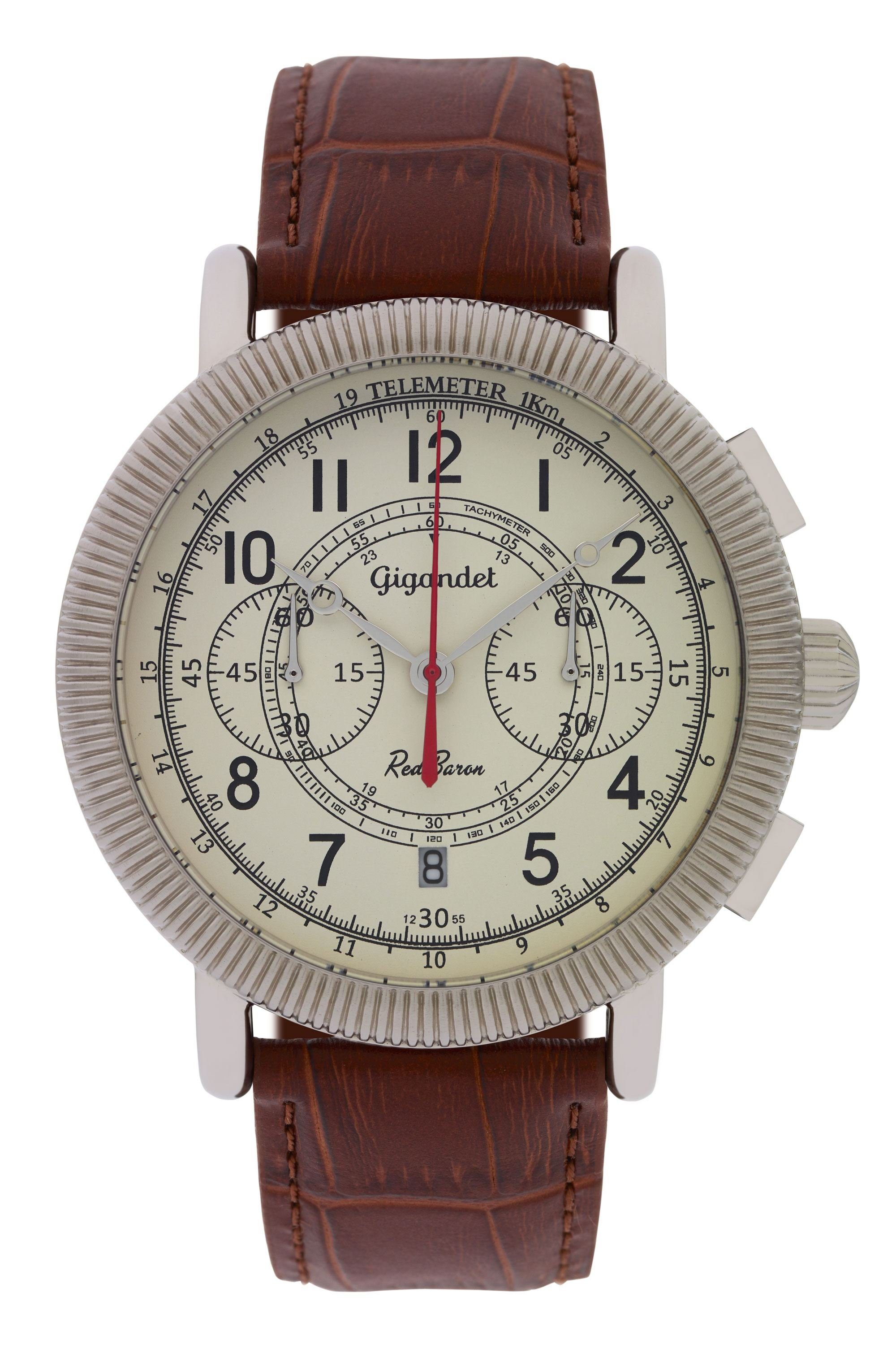 Gigandet Armbanduhr, Herrenuhr, Fliegeruhr, 46mm, RED BARON IV G19-001, Mineralglas, Datumsanzeige, Lederband, 10bar/100m wasserdicht