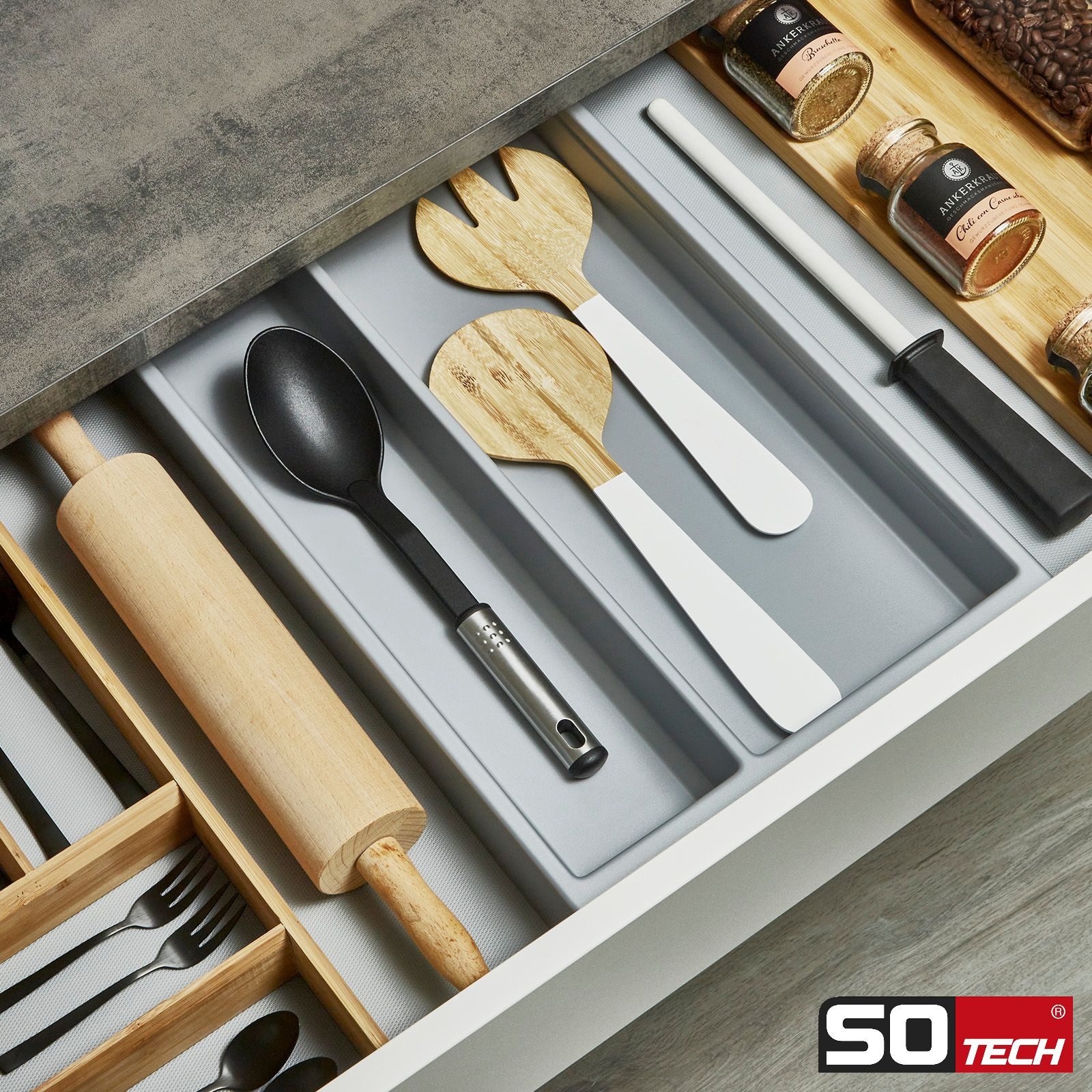 SO-TECH® Schubladeneinsatz SEPARADO Individual (300 x 474 x 51 mm) ab 40cm Schrankbreit (1 St), Mehrzweckeinsatz silbergrau genarbt für große Küchenutensilien – Bild 3 von 5