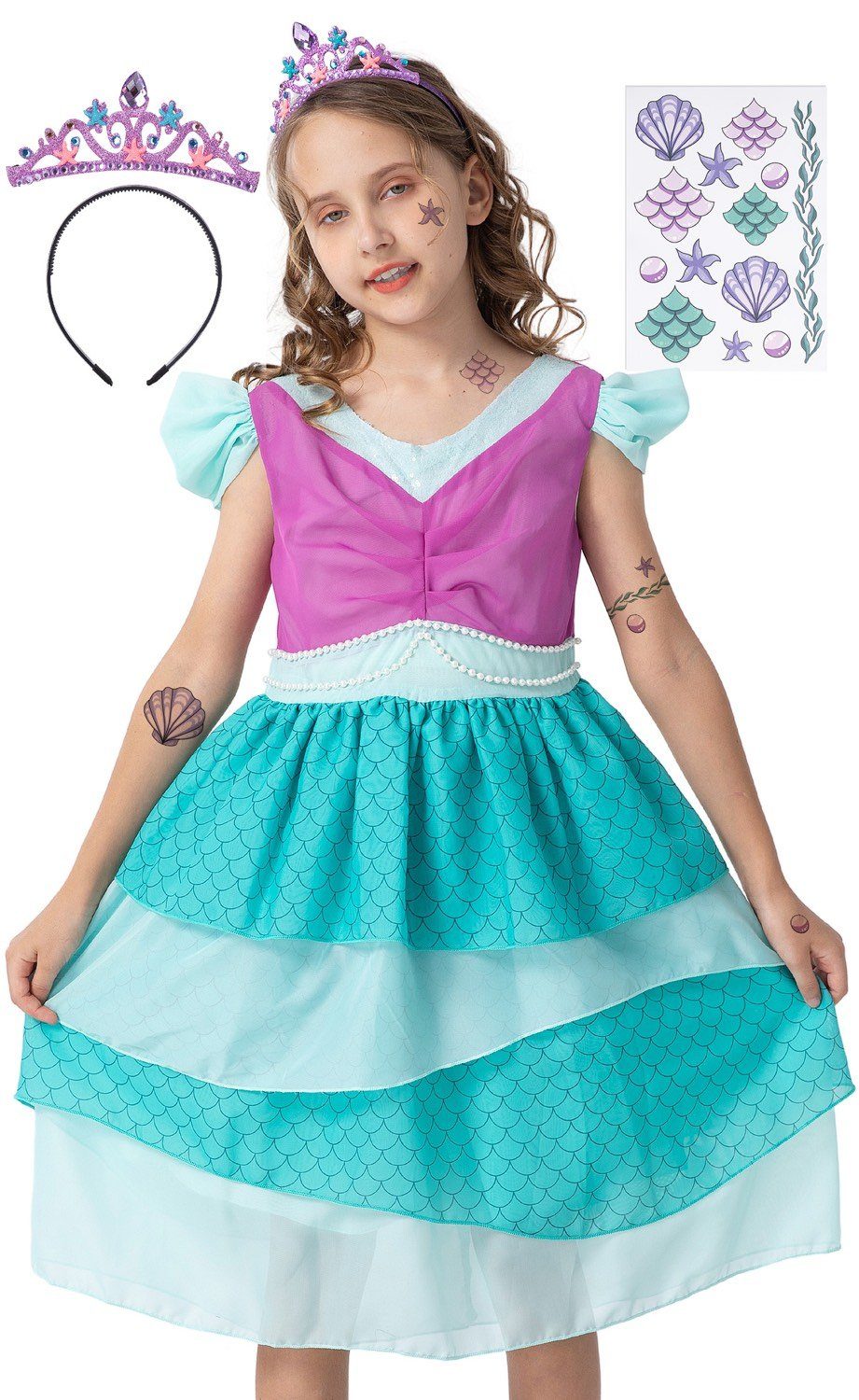 Corimori Prinzessin-Kostüm Meerjungfrau Kleid für Kinder mit Tattoos & Diadem, Meerjungfrauen - Kostüm Kleid für Karneval, türkis, Größe 128/134