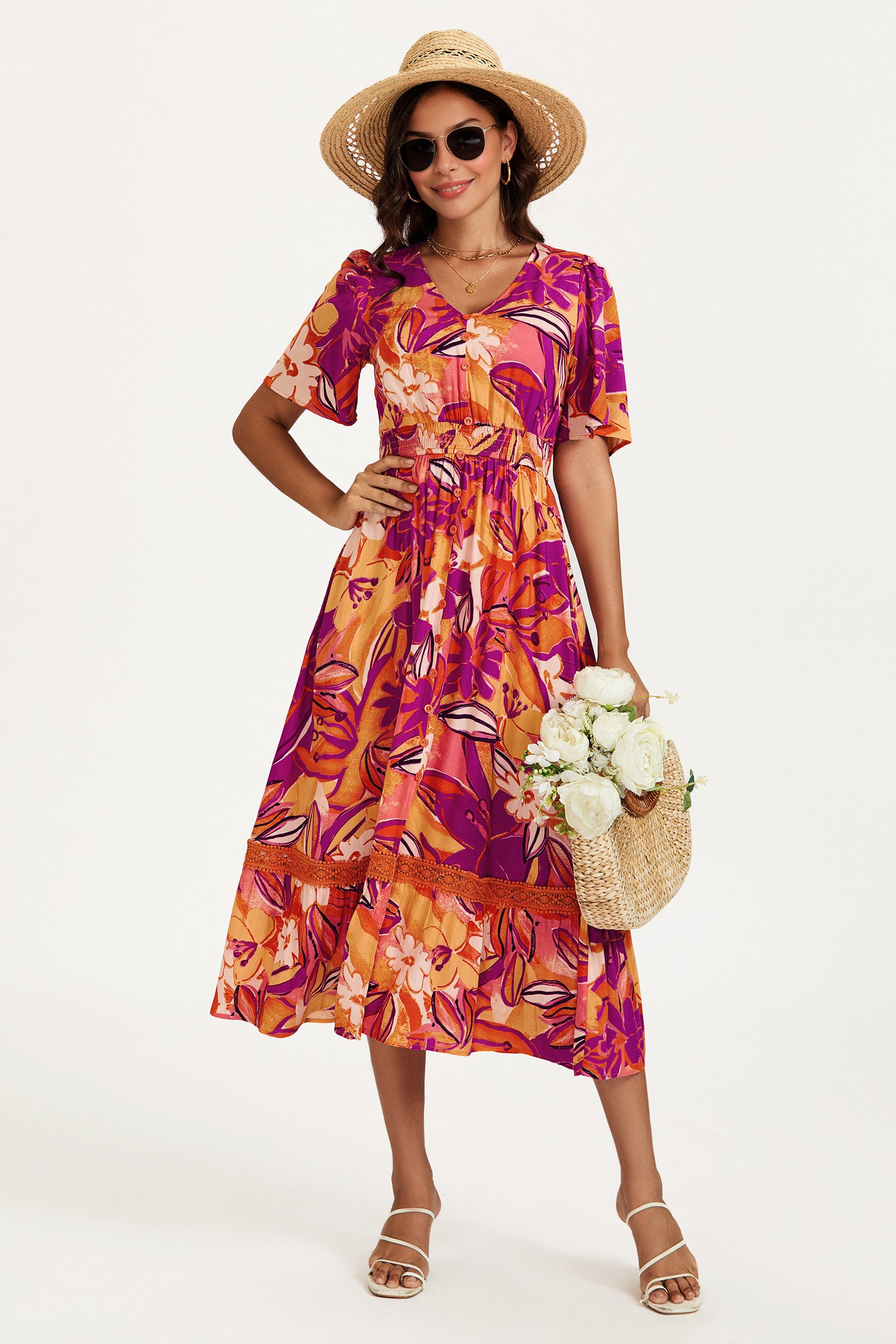 FS Collection Sommerkleid Damen Sommerkleid Midikleid Blumenkleid V-Ausschnitt Halbarm (Größen: XS (EU:36 / UK:8) · S (EU:38 / UK:10) · M (EU:40 / UK:12) · L (EU:42 / UK:14) · XL (EU:44 / UK:16) Elastische Taille, Spitzendetails, floraler Saum, Blumenmuster