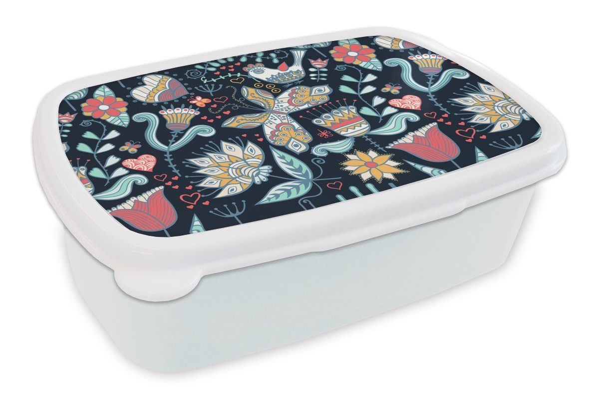 MuchoWow Lunchbox Schmetterling - Vogel - Blume - Muster, Kunststoff, (2-tlg), Brotbox für Kinder und Erwachsene, Brotdose, für Jungs und Mädchen weiß