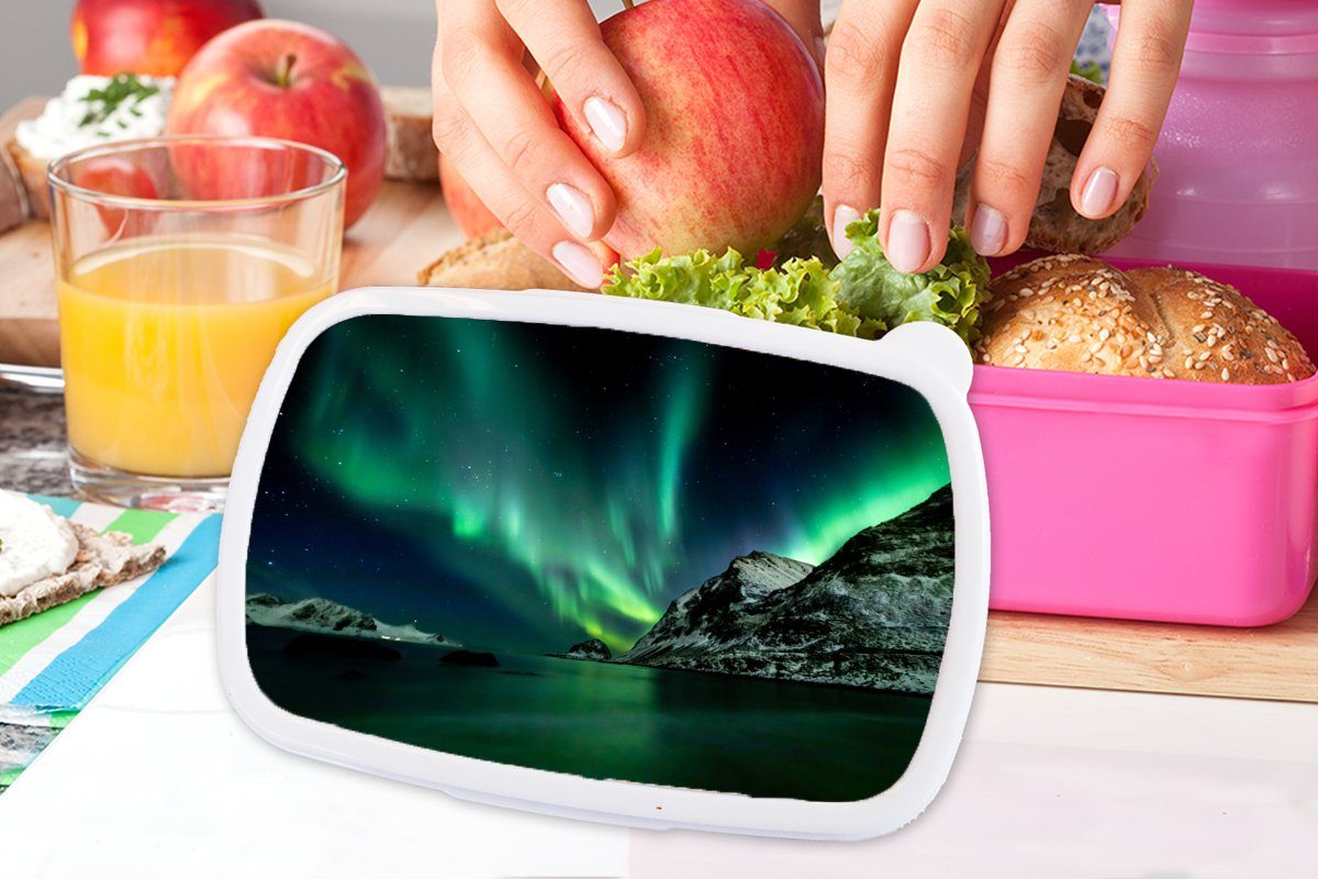 Brotbox Erwachsene, Strand Kunststoff - Brotdose Norwegen, Lunchbox für Kunststoff, Snackbox, MuchoWow Kinder, Mädchen, rosa (2-tlg), Nordlichter -
