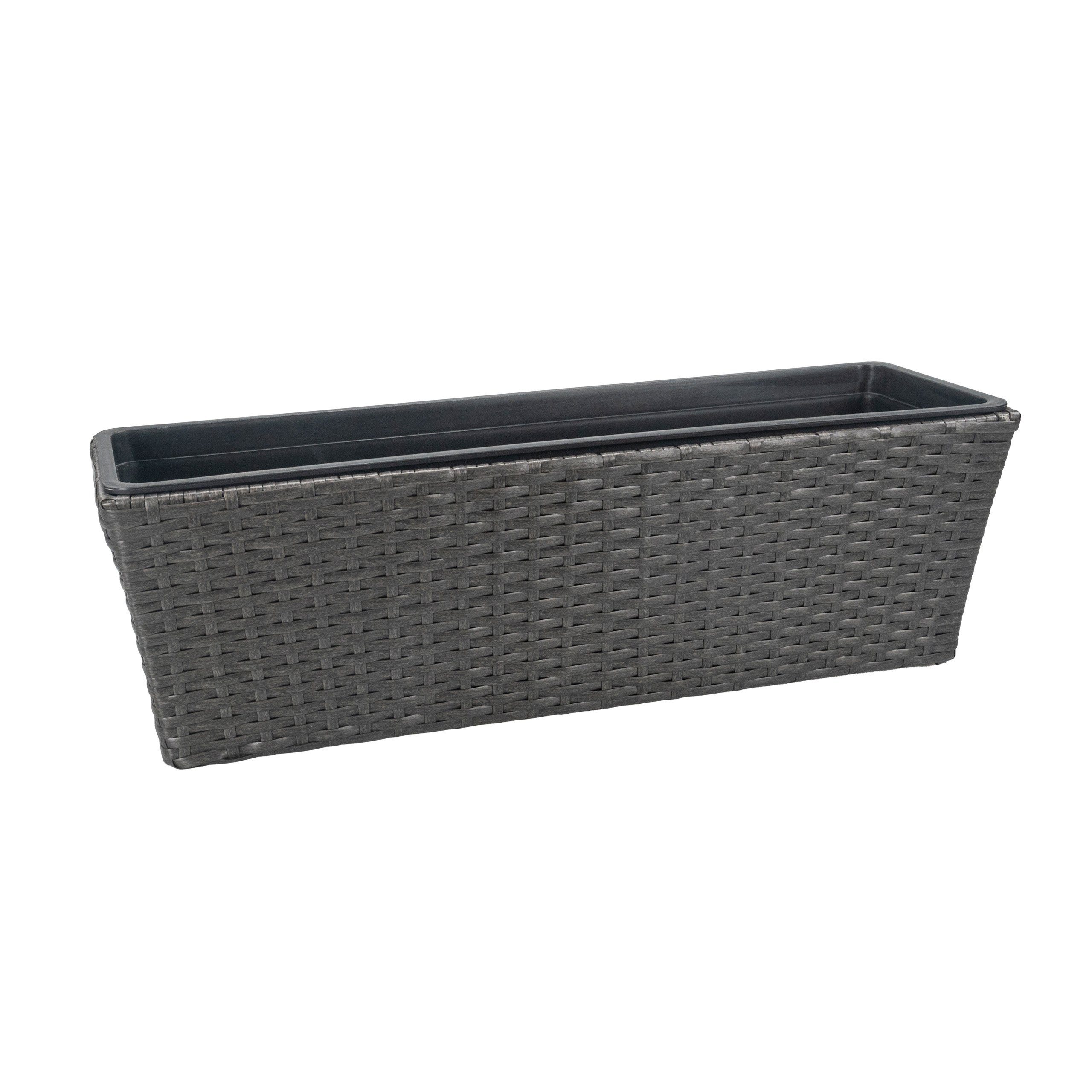 kamelshopping Balkonkasten Balkonkasten mit Halterung in Rattan-Optik, ca. 60 cm breit (1 St), ca. 11 Liter Fassungsvolumen, ohne Wasserspeicher, inkl. Pflanzschale
