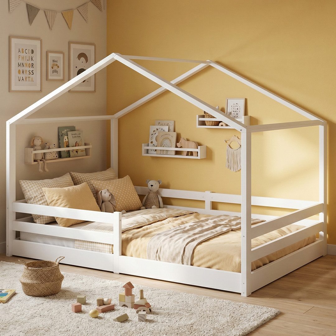 Bellabino Hausbett Abia Kinderbett mit Lattenrost und Rausfallschutz (weiß, optional mit Matratze), Bodenbett 140x200 cm, verfügbar in verschiedenen Ausführungen