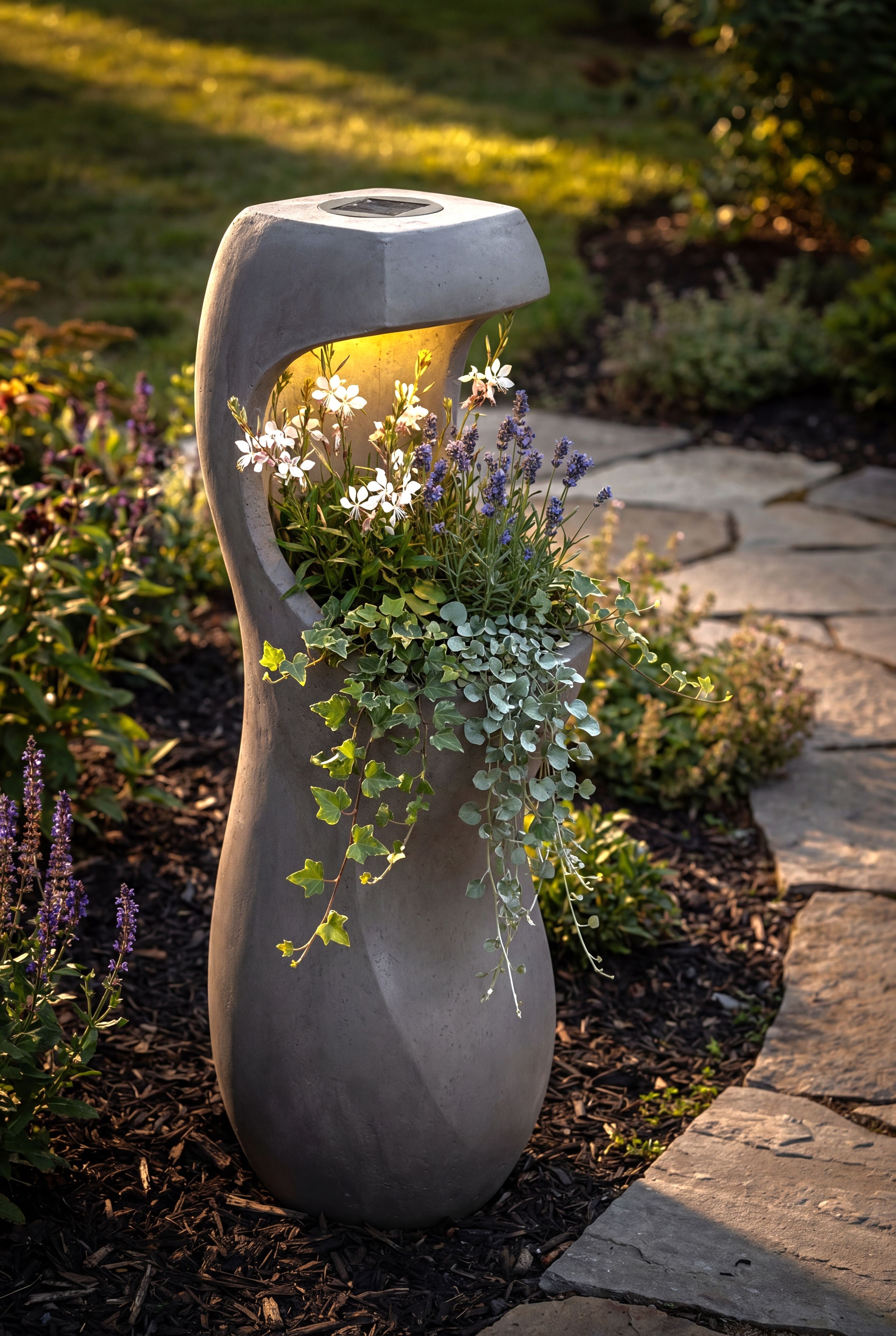 Arnusa Blumentopf Design Blumentopf mit LED Solarbeleuchtung 71 cm Betonoptik 7kg, Solar Gartenbeleuchtung