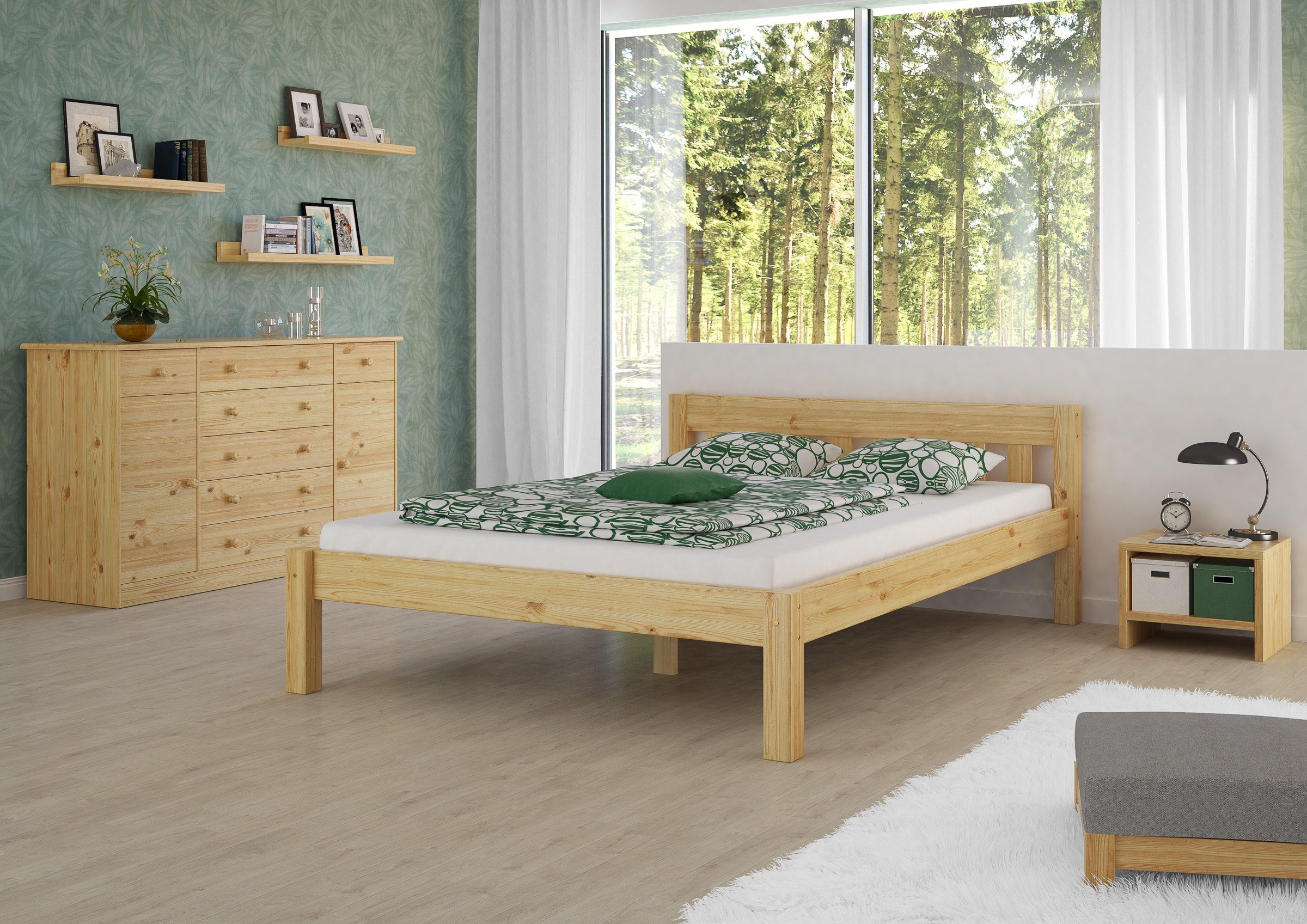 Massivholzbett 140x190 Zubehör, Kieferfarblos lackiert Kurzes wählbares Bett Doppelbett ERST-HOLZ aus Kiefer,