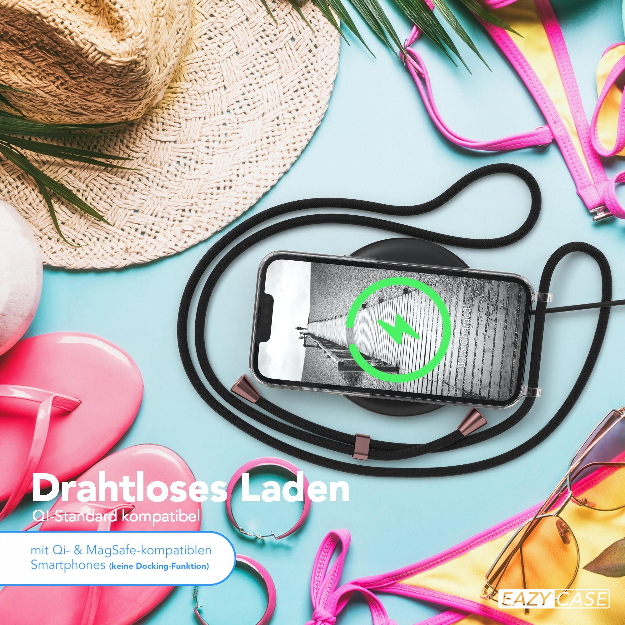 EAZY CASE Handykette Hülle mit Kette für Apple iPhone 14 6,1 Zoll, Handykordel Smartphonekette für Unterwegs Festivalbag Schwarz Rosé