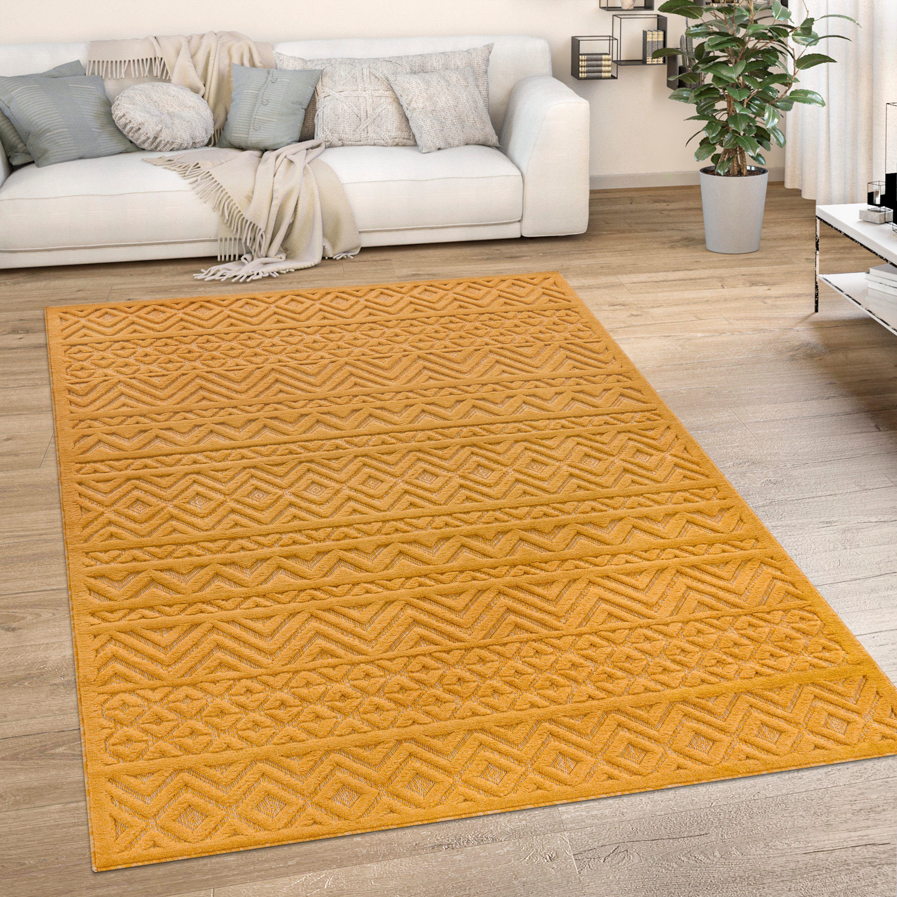 Teppich Livorno 673, Paco Home, rechteckig, Höhe: 14 mm, Uni-Farben, Scandi, Rauten Muster, Hoch-Tief Effekt, Outdoor geeignet gelb