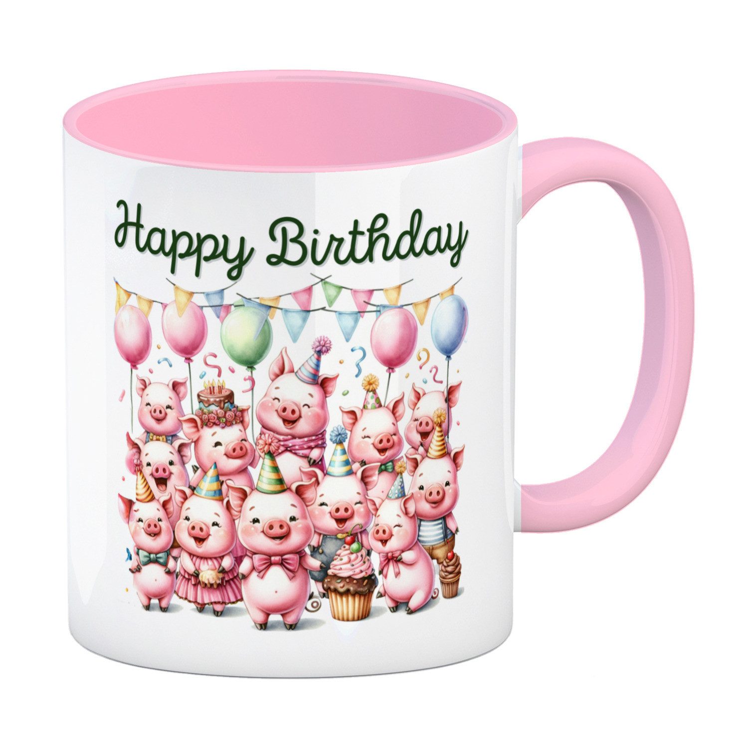 Tasse Schweine Party Kaffeebecher in rosa mit Spruch Happy Birthday