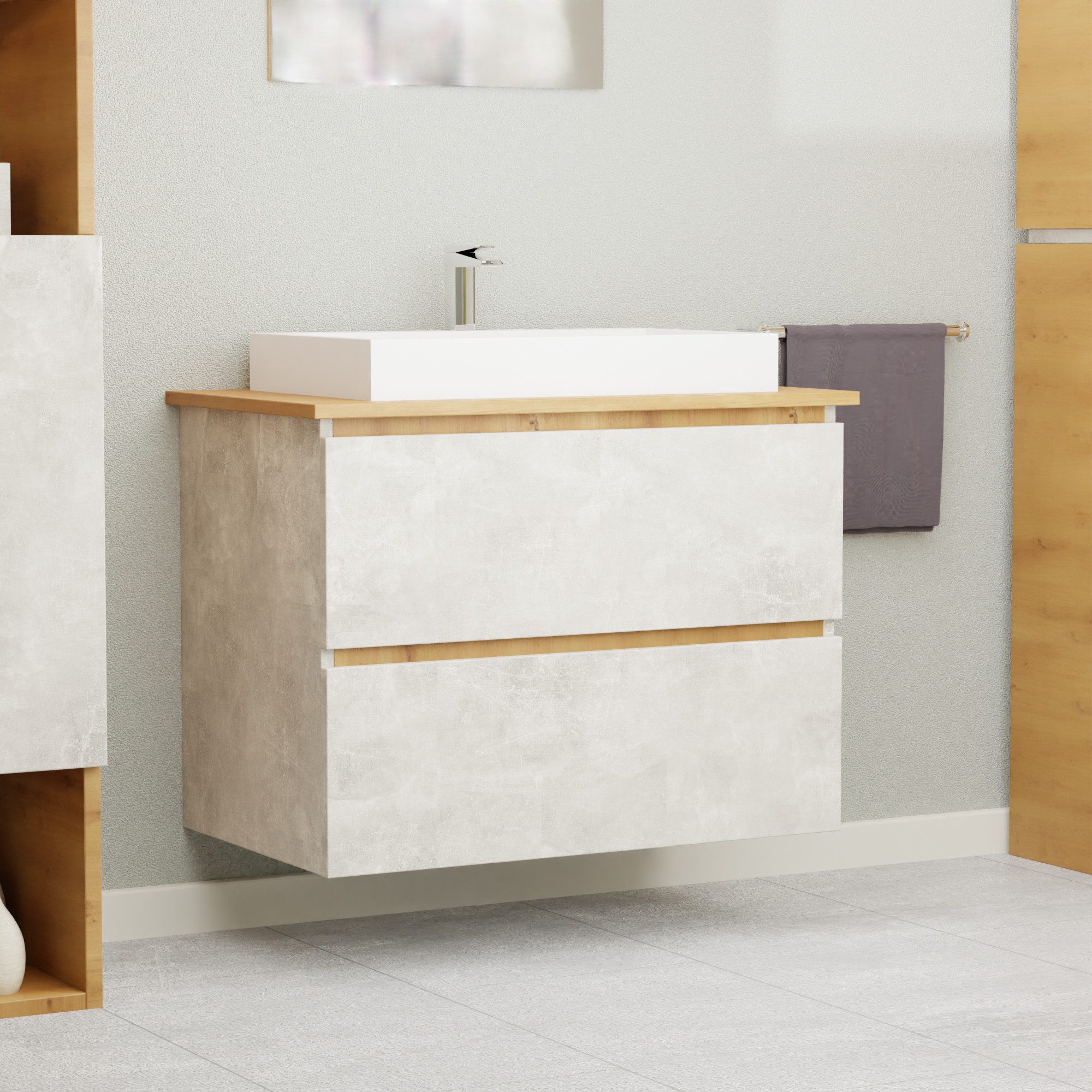 GARLIVO Waschbeckenunterschrank GLB-80 mit Schubladen, Badezimmer Waschtischunterschrank, Beton Breite 80 cm, Soft-Close, Push-to-Open/ Tip-On, Hängend