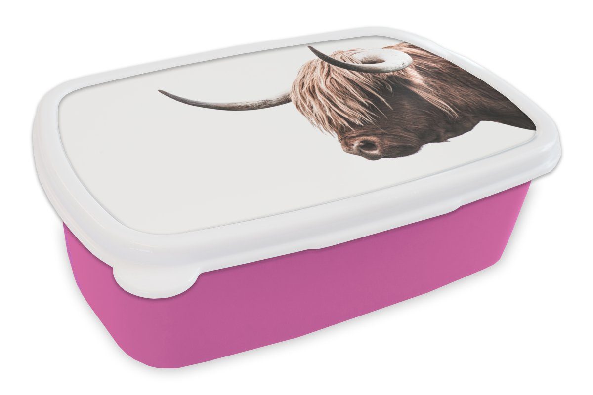 MuchoWow Lunchbox Schottischer Highlander - Tier - Weiß, Kunststoff, (2-tlg), Brotbox für Erwachsene, Brotdose Kinder, Snackbox, Mädchen, Kunststoff rosa