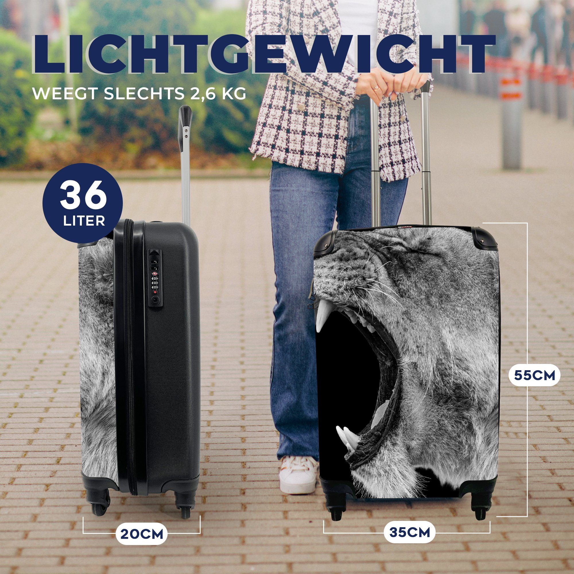 MuchoWow Handgepäckkoffer Tiere für - - Trolley, Löwe - Reisetasche Porträt, Weiß 4 - mit Schwarz Reisekoffer rollen, Ferien, Handgepäck Rollen