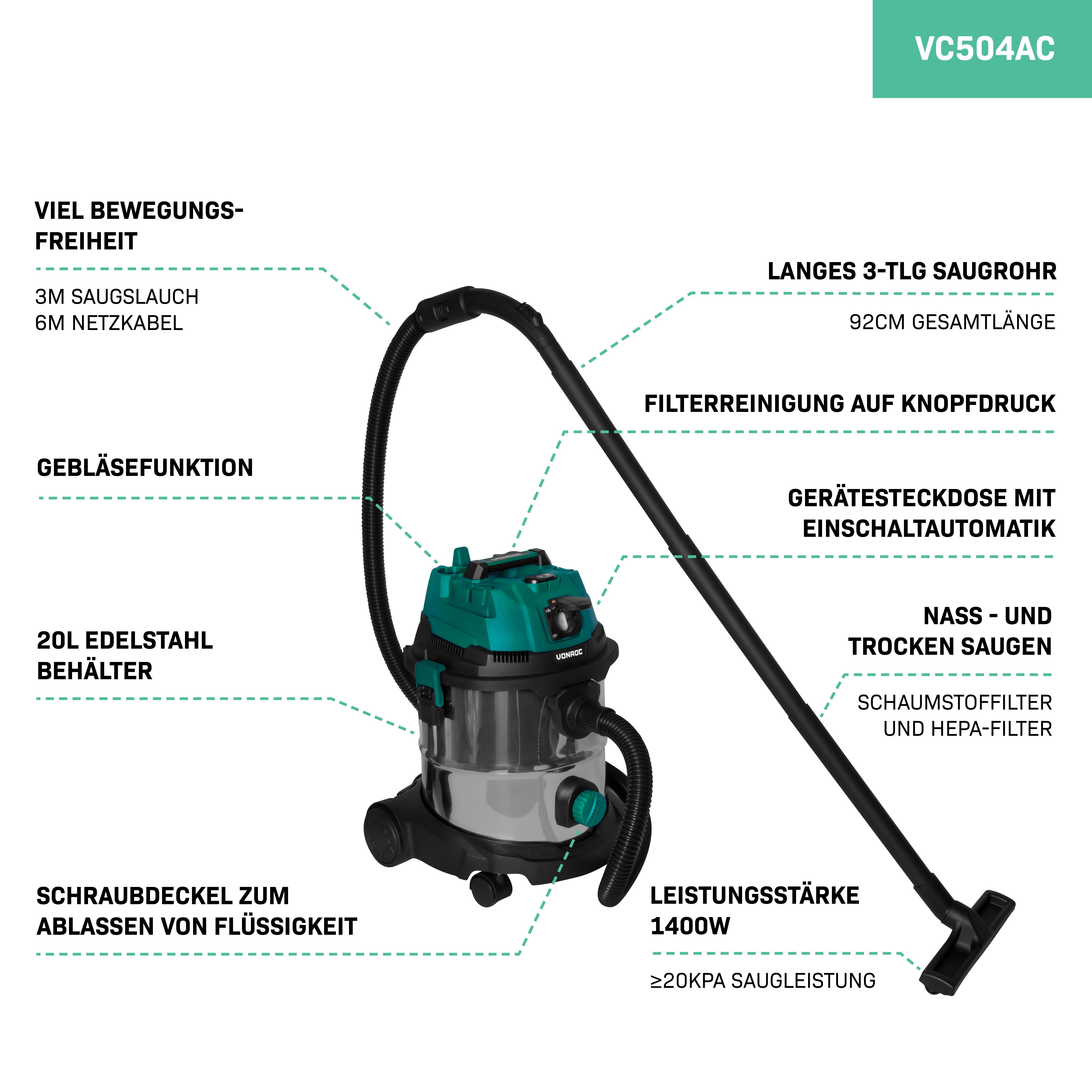 VONROC Nass-Trocken-Sauger Allzweckstaubsauger – für Nass- und Trockenstaubsaugung –, 1400 W, beutellos, - 20L Edelstahltank - 3m Schlauch - 6m Stromkabel