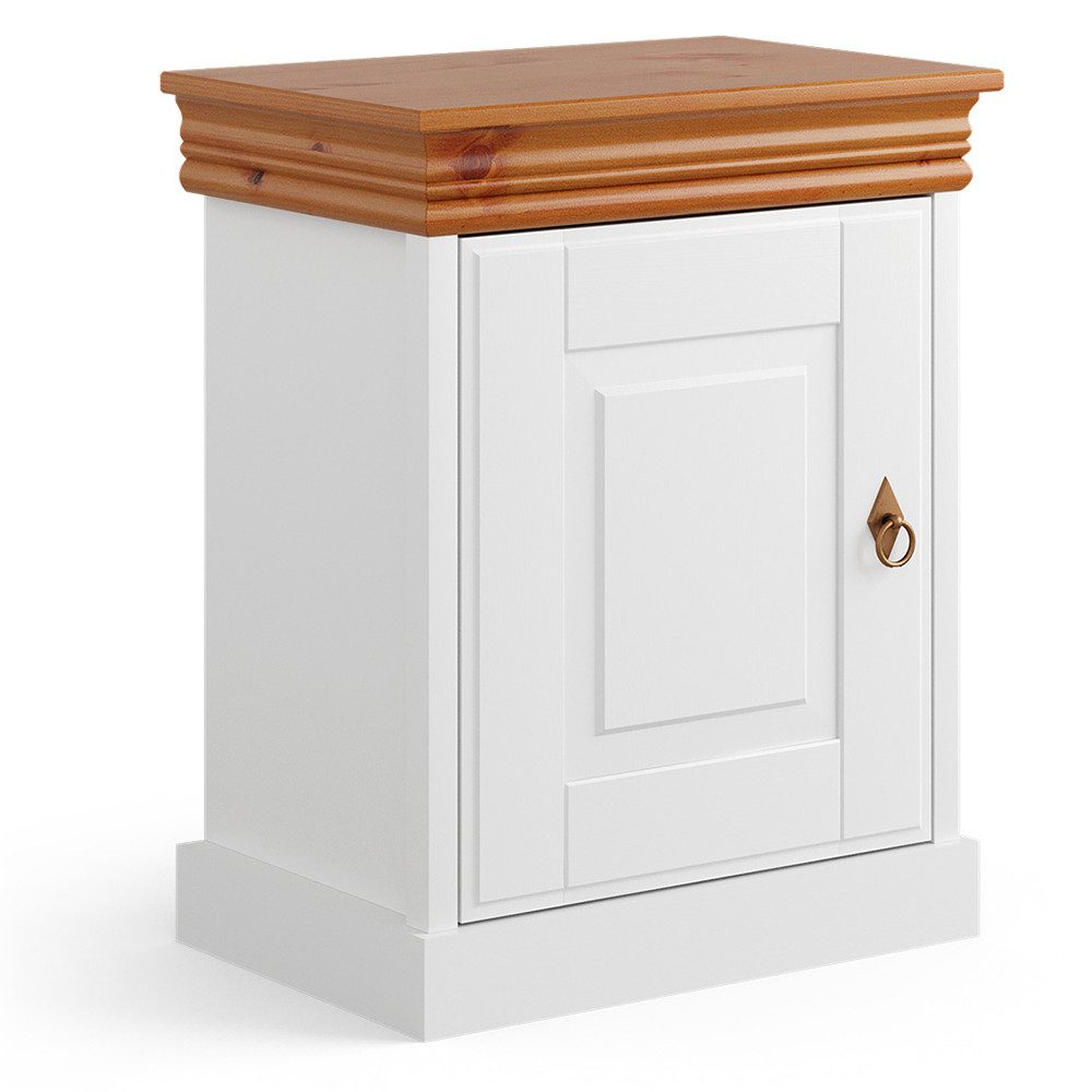 Lomadox Nachtschrank TERMOLI-163 Kiefer massiv in weiß mit braun, 50 cm, 1 Tür rechts/links montierbar