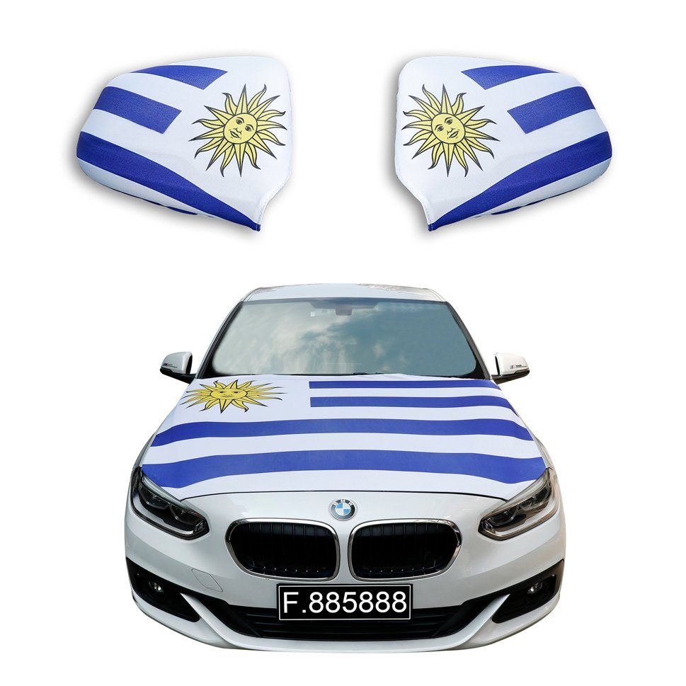Sonia Originelli Fahne Fanset Auto EM "Uruguay" Fußball Motorhaube Außenspiegel Flagge, für alle gängigen PKW Modelle, Motorhauben Flagge: ca. 115 x 150cm
