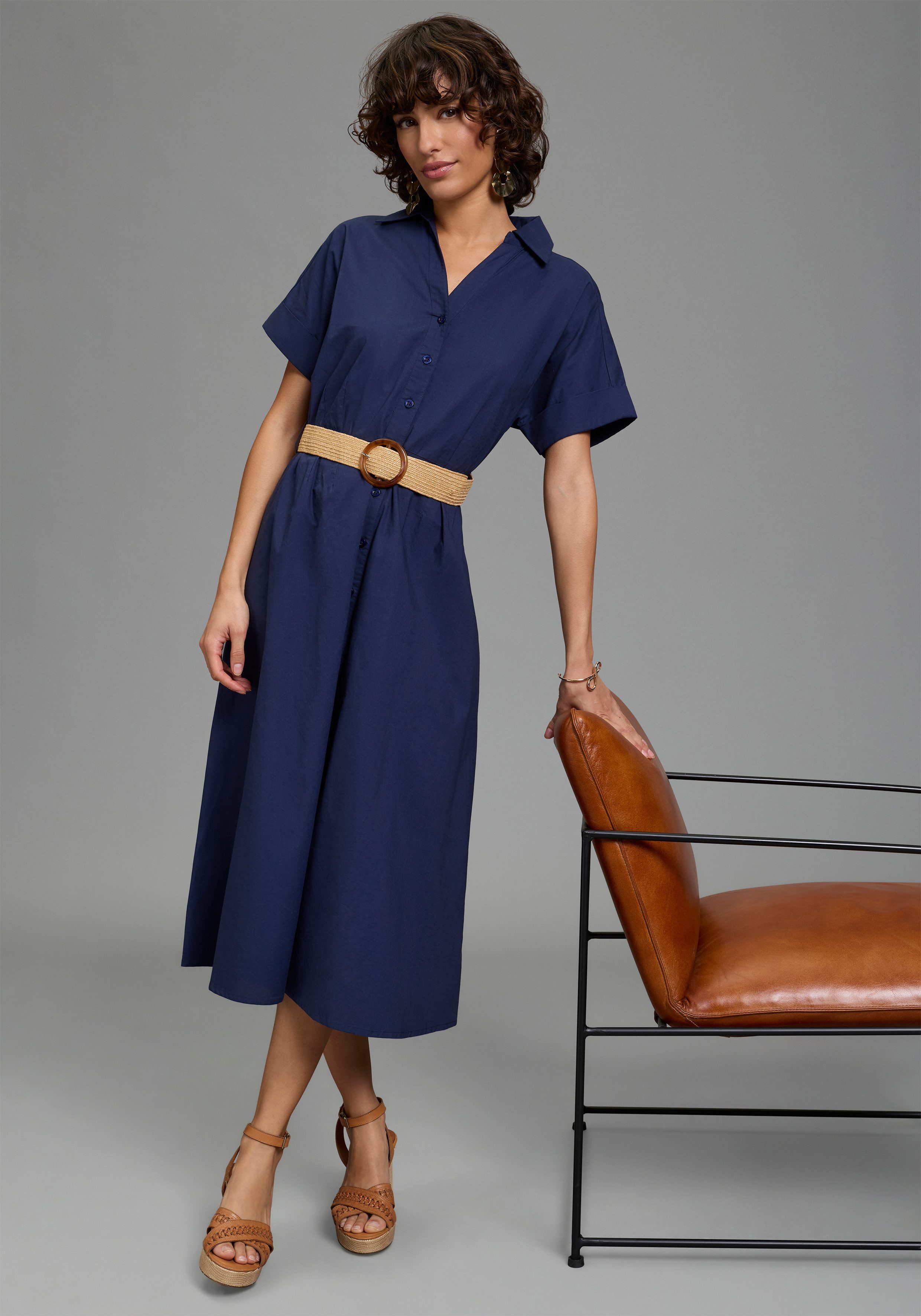 Laura Scott Hemdblusenkleid wadenlang, feminin, für vielseitige Anlässe, aus Baumwolle