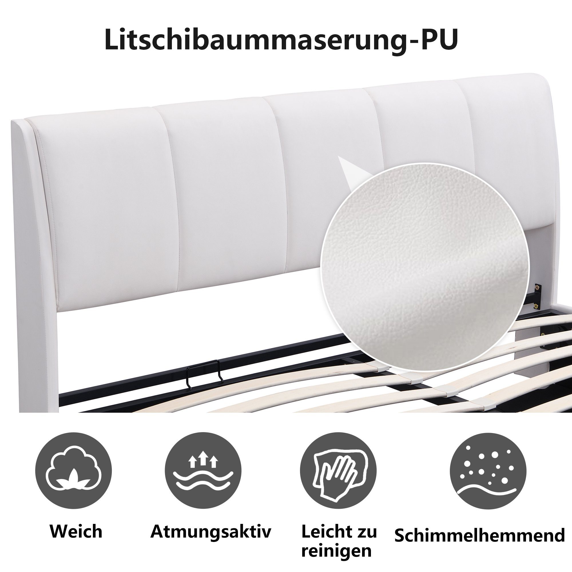 Boxspringbett (Doppelbett 140 x 200 cm mit Lattenrost und LED Beleuchtung), Polsterbett inkl. Hydraulisch anhebbarer Bettstauraum, Kunstleder
