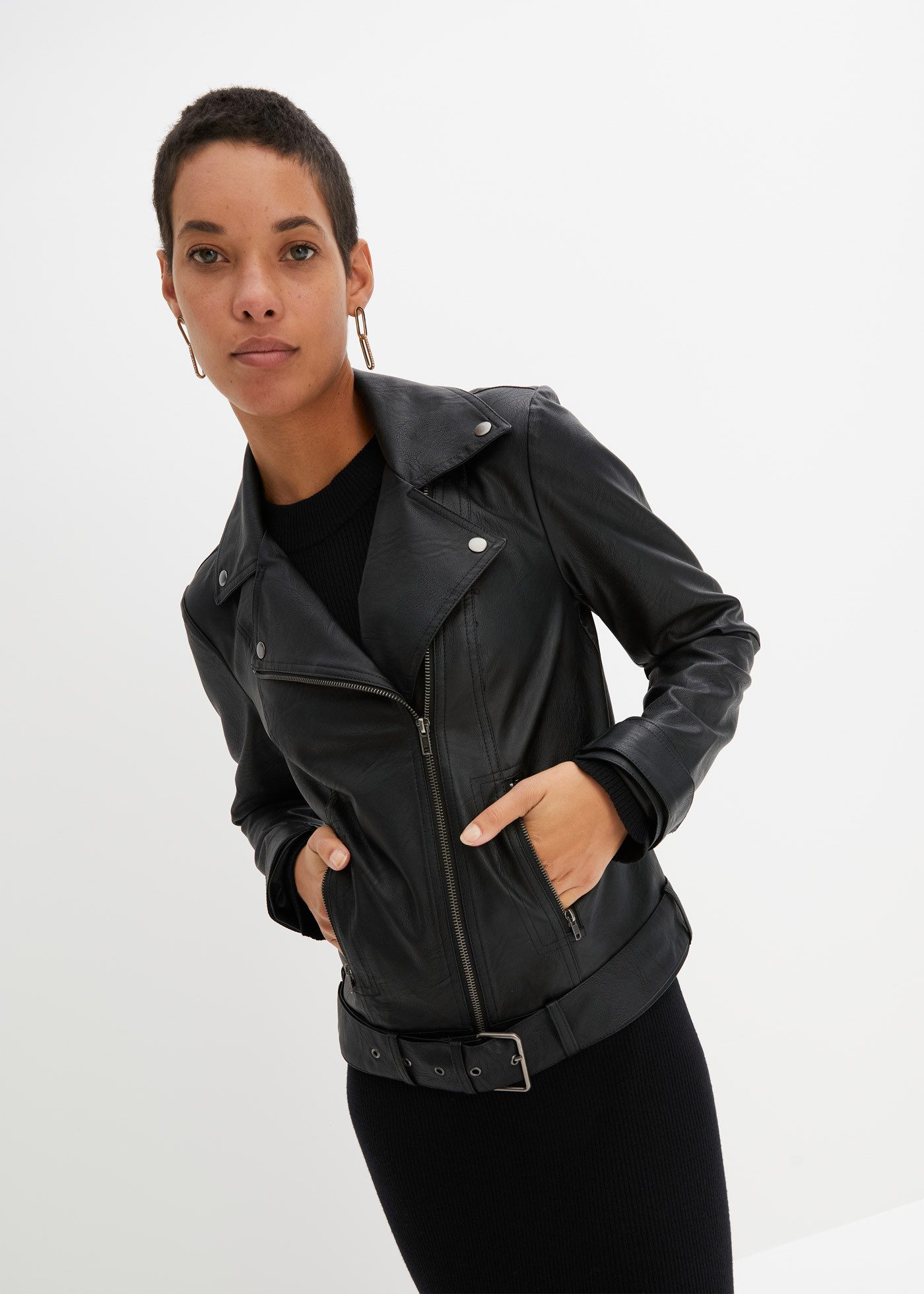 bonprix Bikerjacke mit Gürtelschlaufen und abnehmbarem Gürtel am Bund, aus Lederimitat
