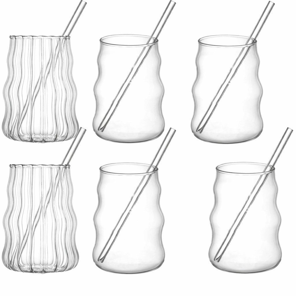 Bossjoy Cocktailglas 6er Set Riffel & Glanz mit 6 Trinkhalmen für Tee Cocktails Getränke, 12-tlg., Glas, hitze- und kältebeständig, spülmaschinengeeignet, mikrowellengeeignet
