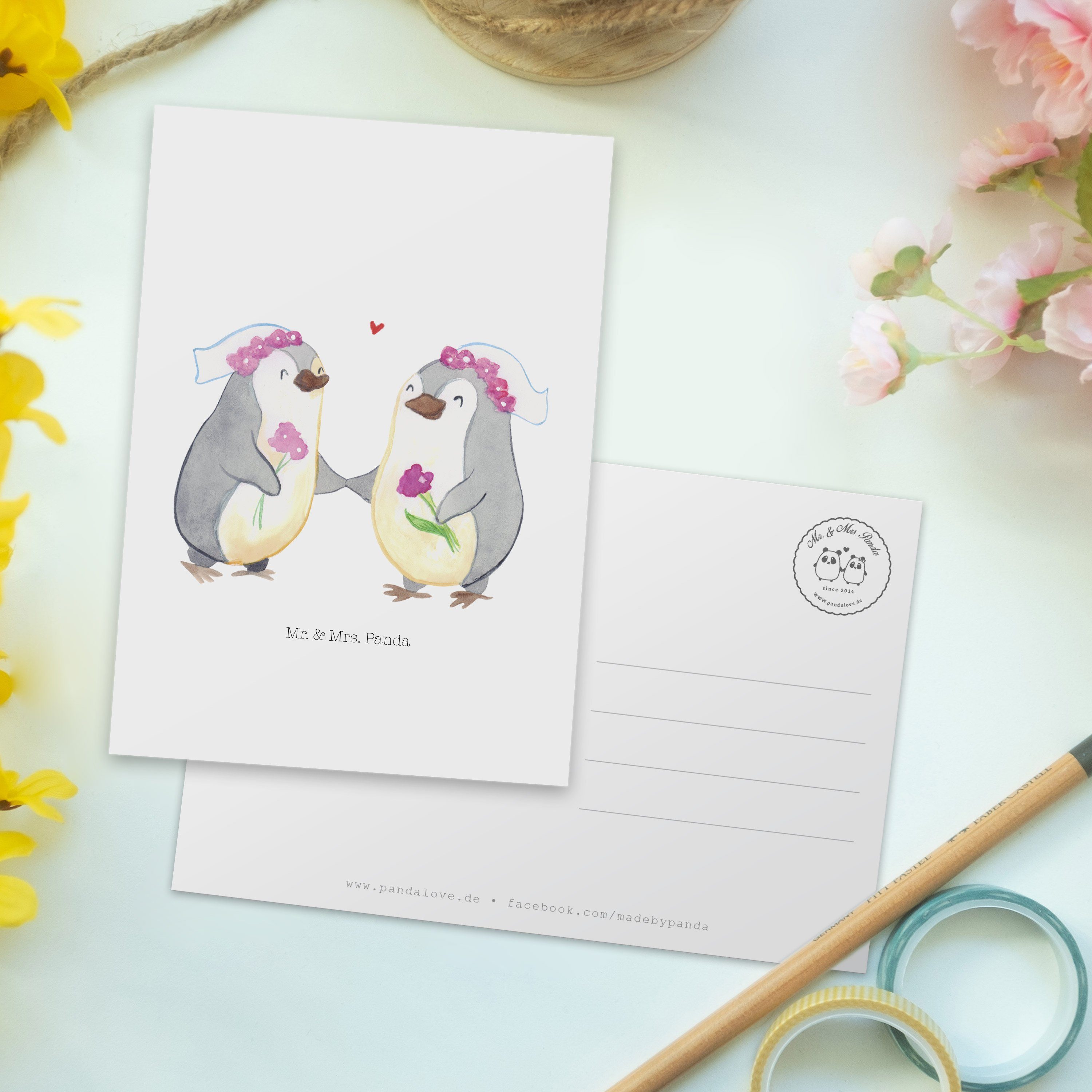 Mr. & Mrs. - Panda Pride Hochzeitsgeschenkide Pinguin Postkarte Geschenk, Weiß - Pärchen Lesbian