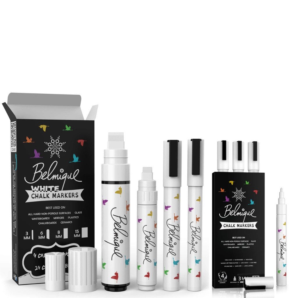 Belmique Malkreide Kreidemarker - Kreidestifte Pastellfarben, (Set, 9-tlg., Kreidesticker), Ideal für Tafel, Fenster, Whiteboard - Feine Rund-& Schrägkeilspitze