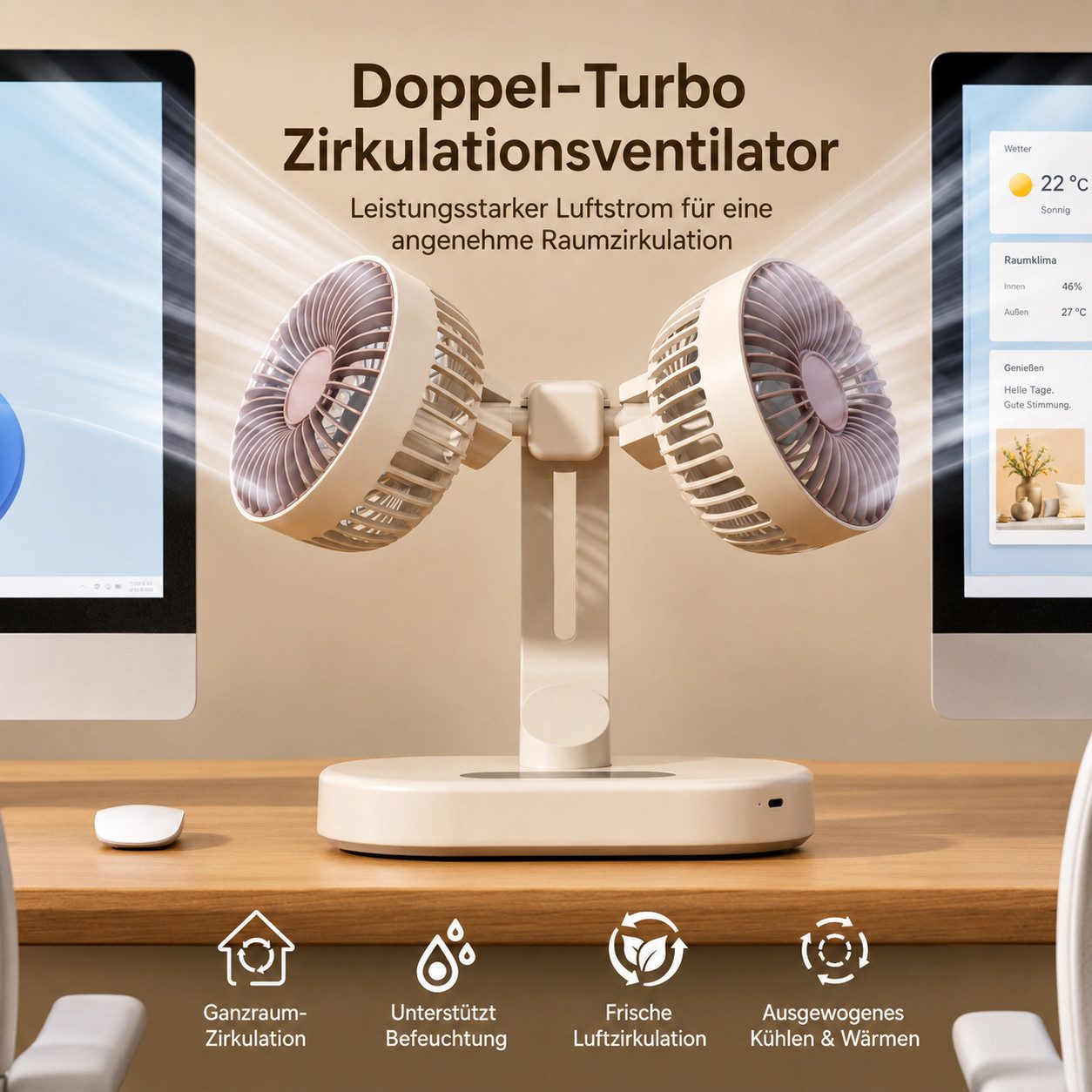 MOPUEA Standventilator 360° Drehbar Doppelkopf Luftzirkulationsventilator 6 Stufen, USB Tischventilator für Schlafzimmer Büro Schreibtisch