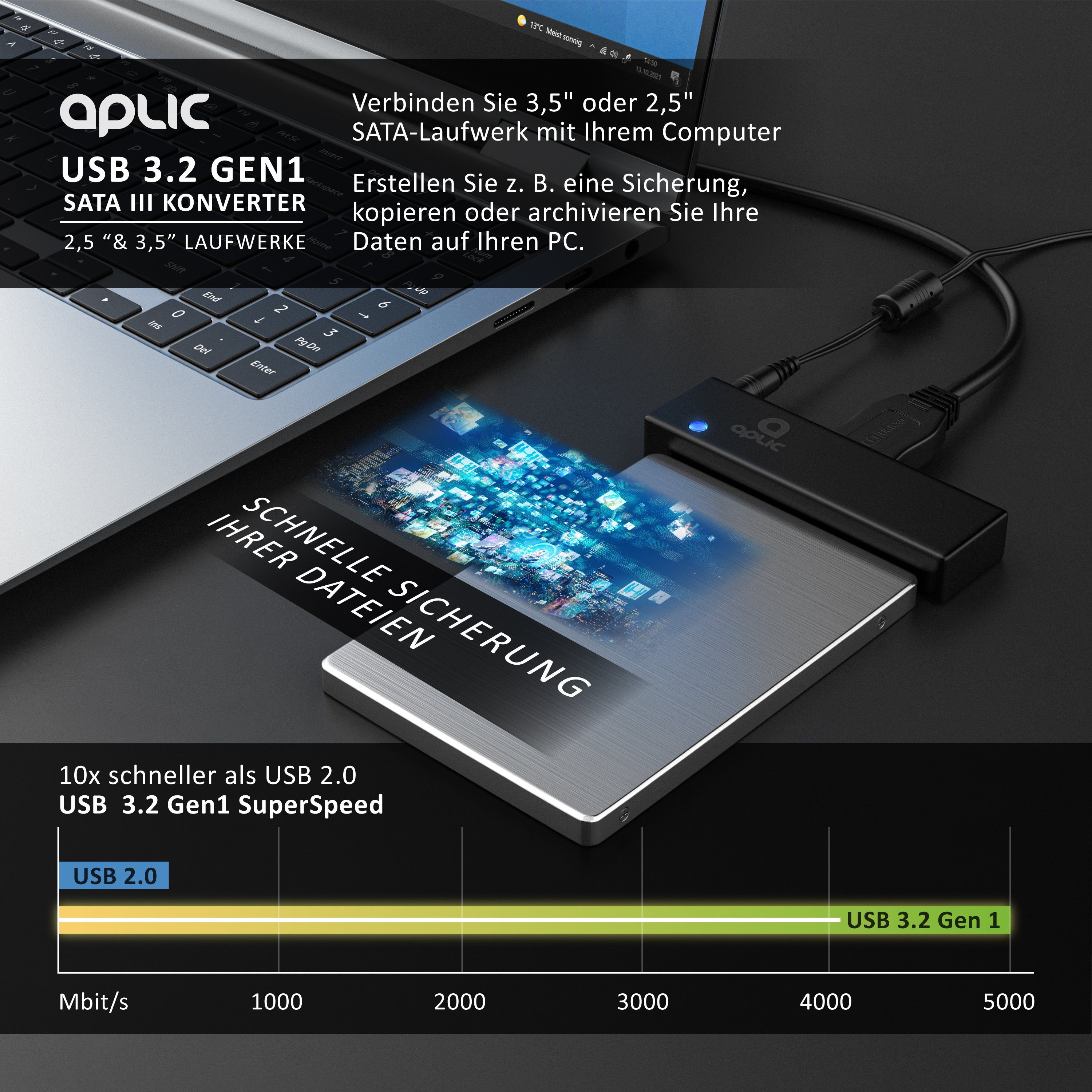 Aplic SATA 1/2/3 Festplatten Konverter Kabel mit Netzteil, USB 3.0 Computer-Adapter SATA zu USB 3.0 Typ A, für SSD SATA I II III 2,5 Zoll 6,35cm HDD 3,5 Zoll 8, – Bild 4 von 5