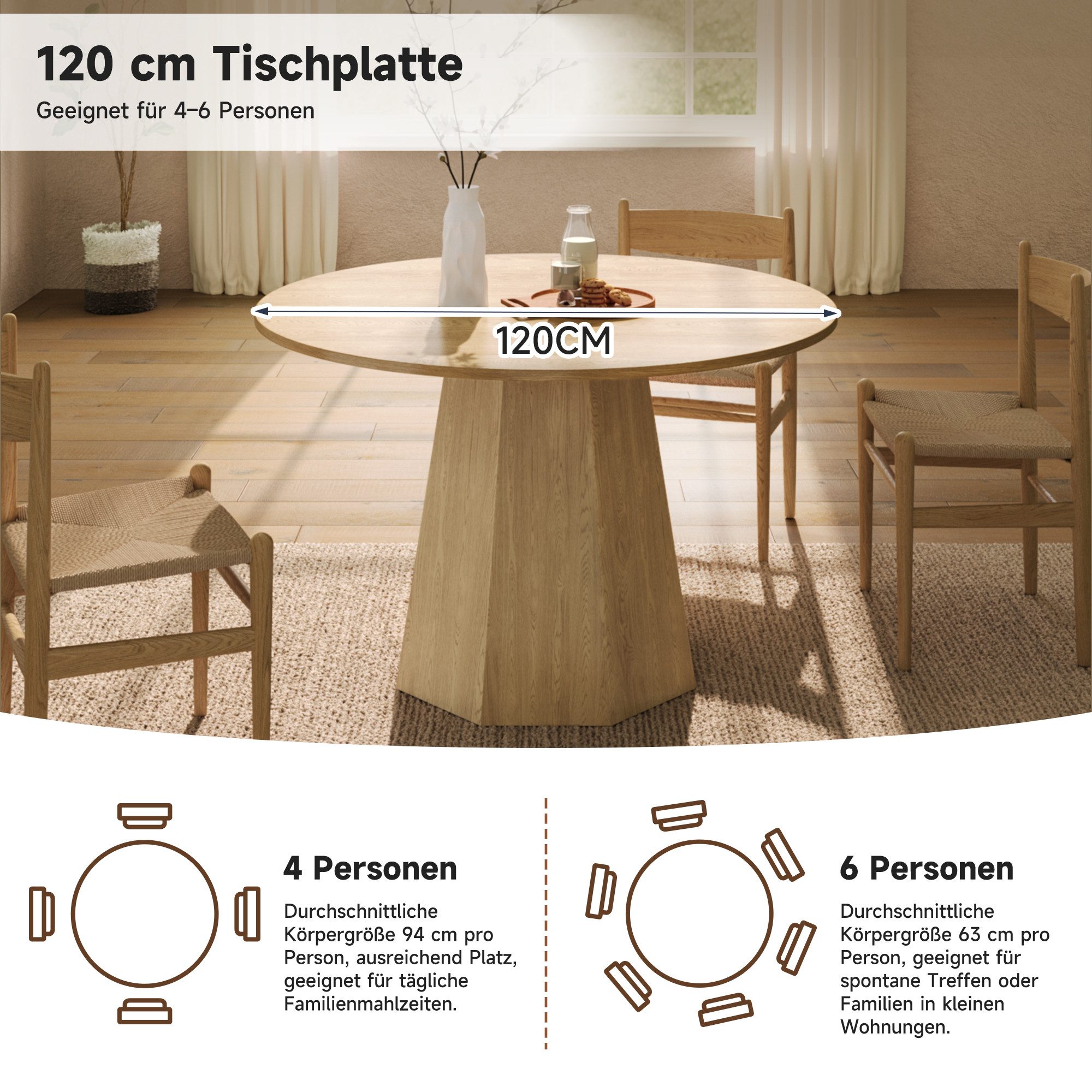 i@home Esstisch Runder Esstisch, 120 cm, Eiche, Tisch für 4–6 Personen (Moderner Esszimmertisch im skandinavischen Design, Runder Küchentisch mit stabilem Sockel), ideal für kleine Wohnungen & Familien