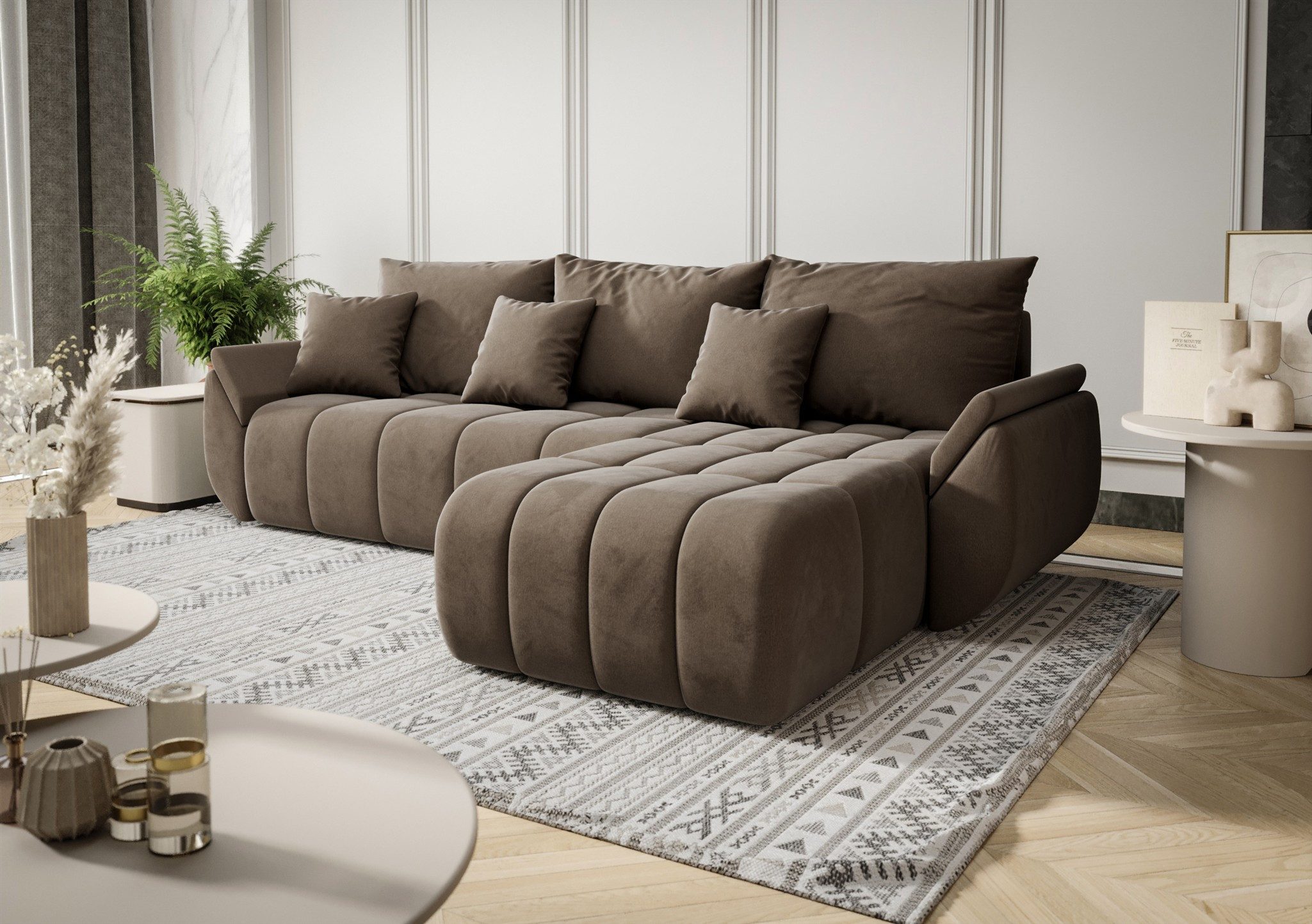 Fun Möbel Ecksofa Schlafsofa Sofa Louise in Stoff Monolith, Ottomane Links oder Rechts, Rundumbezug und ausziehbare Liegefläche