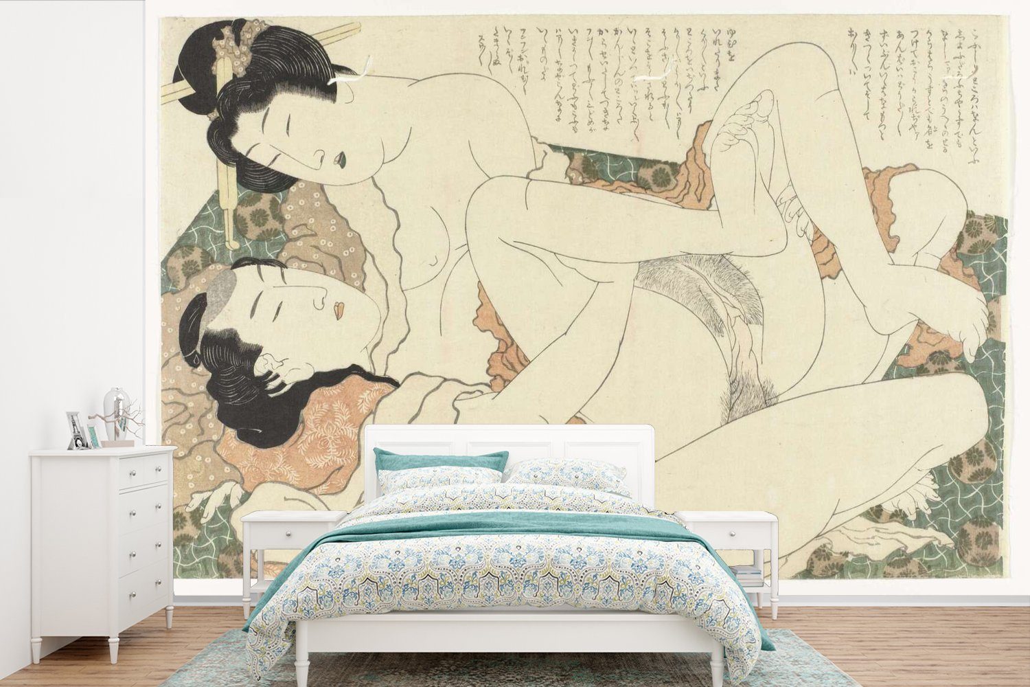 MuchoWow Fototapete Liebespaar - Gemälde von Katsushika Hokusai, Matt, bedruckt, (6 St), Wallpaper für Wohnzimmer, Schlafzimmer, Kinderzimmer, Vinyl Tapete | Fototapeten