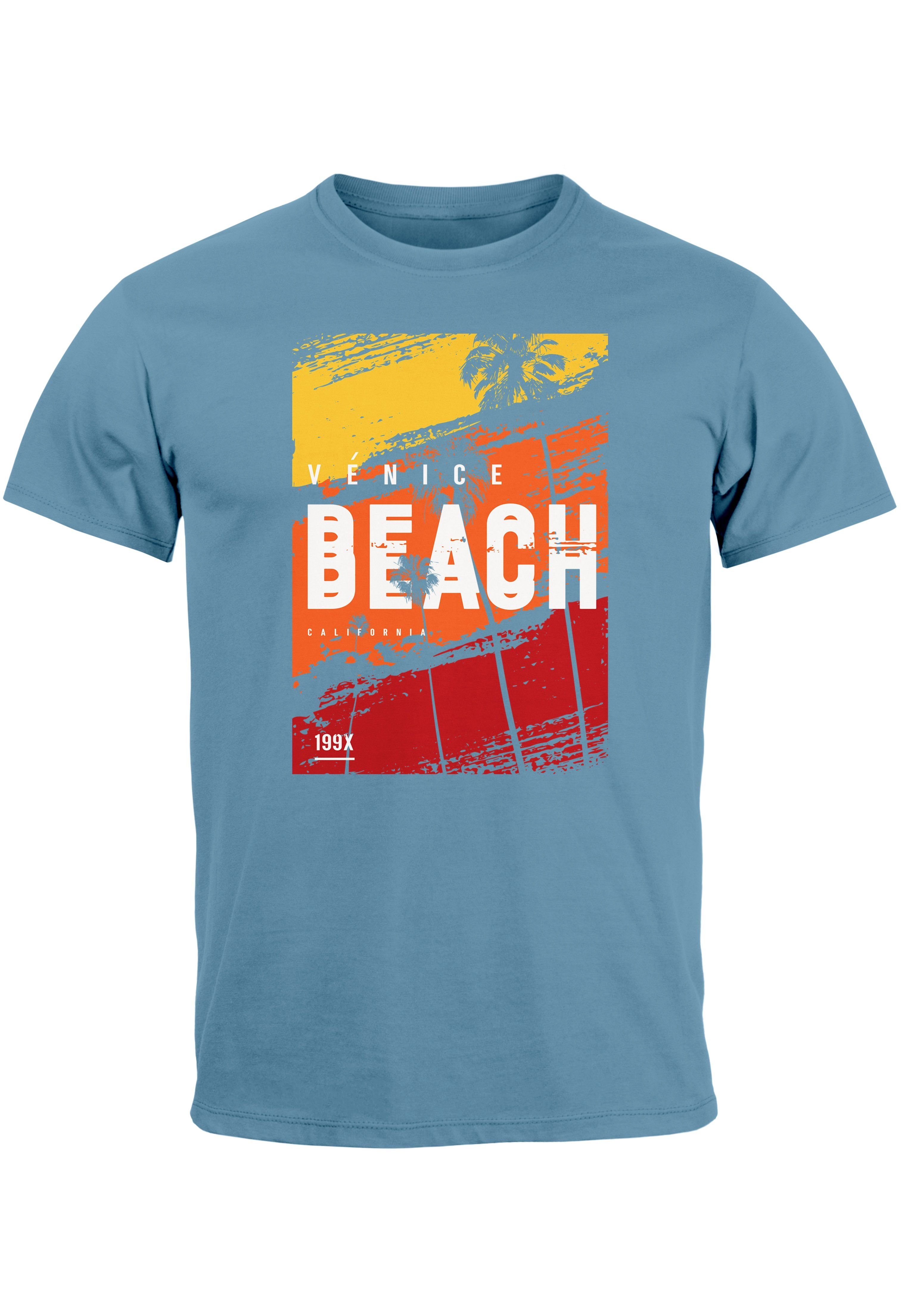 Neverless Print-Shirt Herren Strand mit Sommer T-Shirt Aufdruck Motiv Venice Print stone Palme Surfing blue Beach