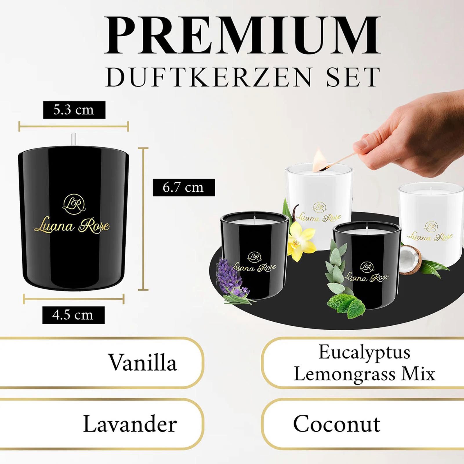 Luana Rose Duftkerze Aromakerze Geschenkset Duft Sojawachs Kerze (4-tlg), 4 Verschiedene Düfte Lavendel, Lemongras, Vanille & Kokosnuss. – Bild 5 von 5