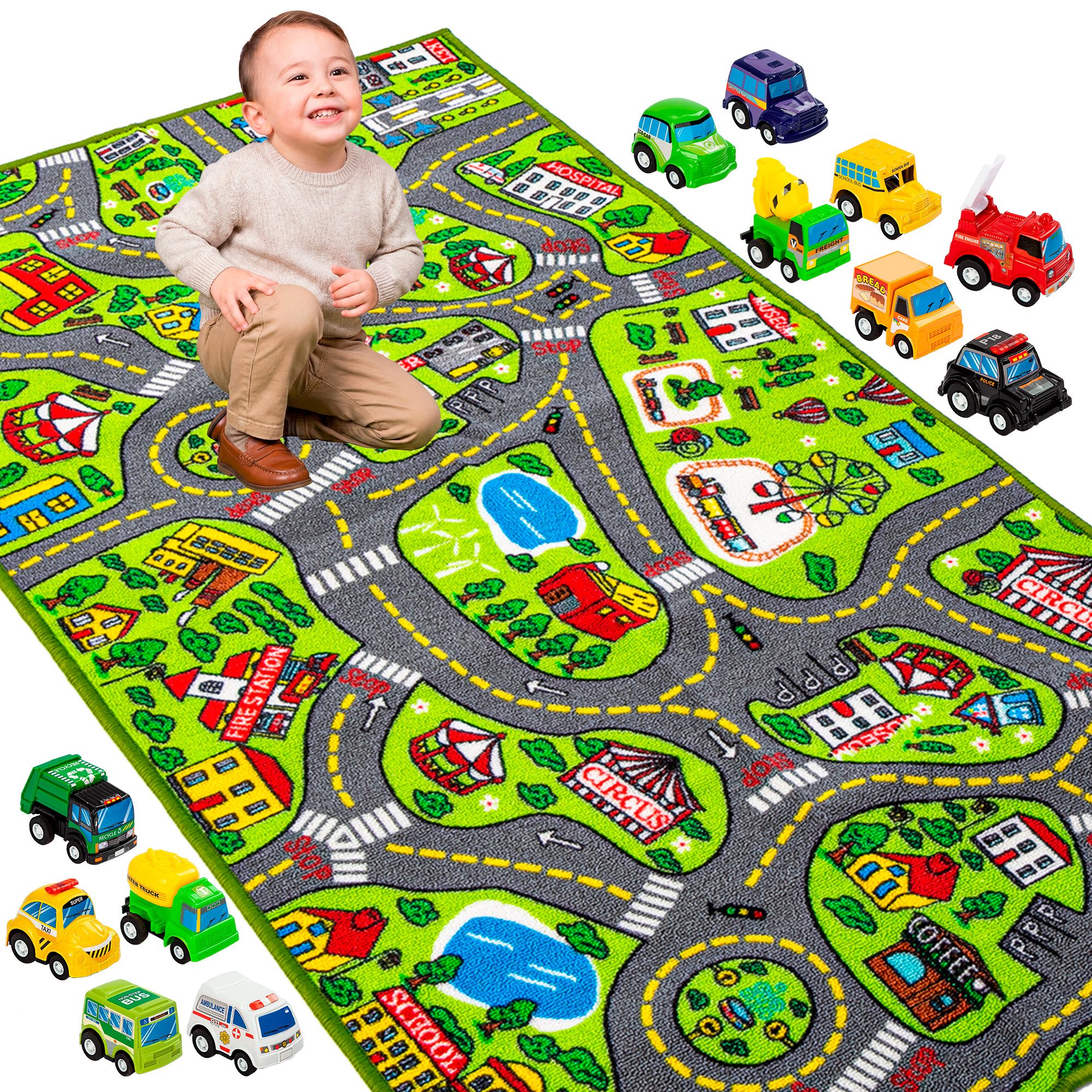 JOYIN Kinderteppich JOYIN Teppich Kinderzimmer 80x150cm mit 12 Mini Auto Spielzeug