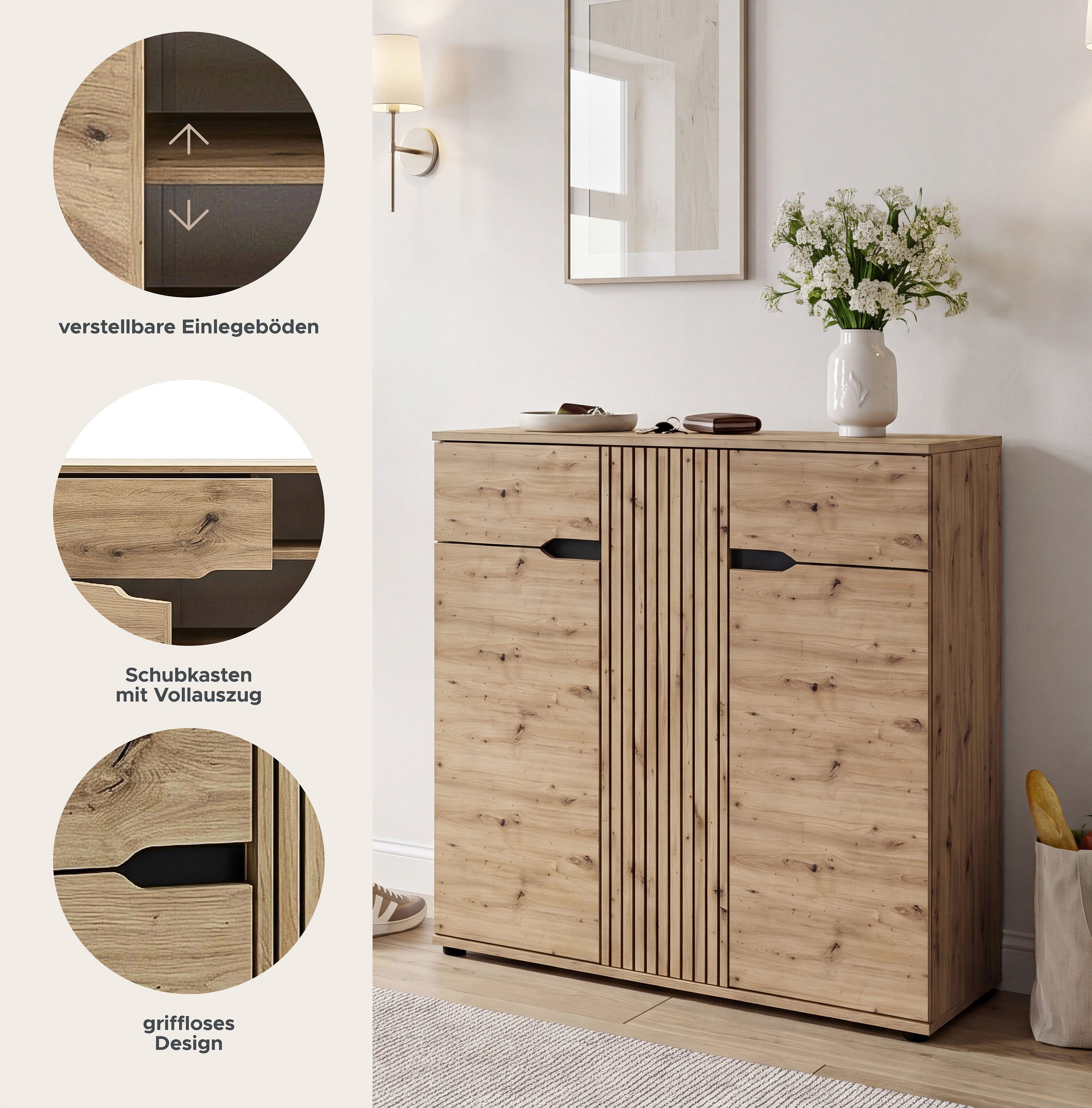 OTTO home Schuhkommode FJELL, Breite 104cm, 3 Türen, 2 Schubkästen, 6 Einlegeböden, 9 Fächer (hochwertig verarbeitete Längsfräsung, praktische Griffaussparung), Garderobenschrank, Schuhschrank, Kommode, Sideboard, Anrichte