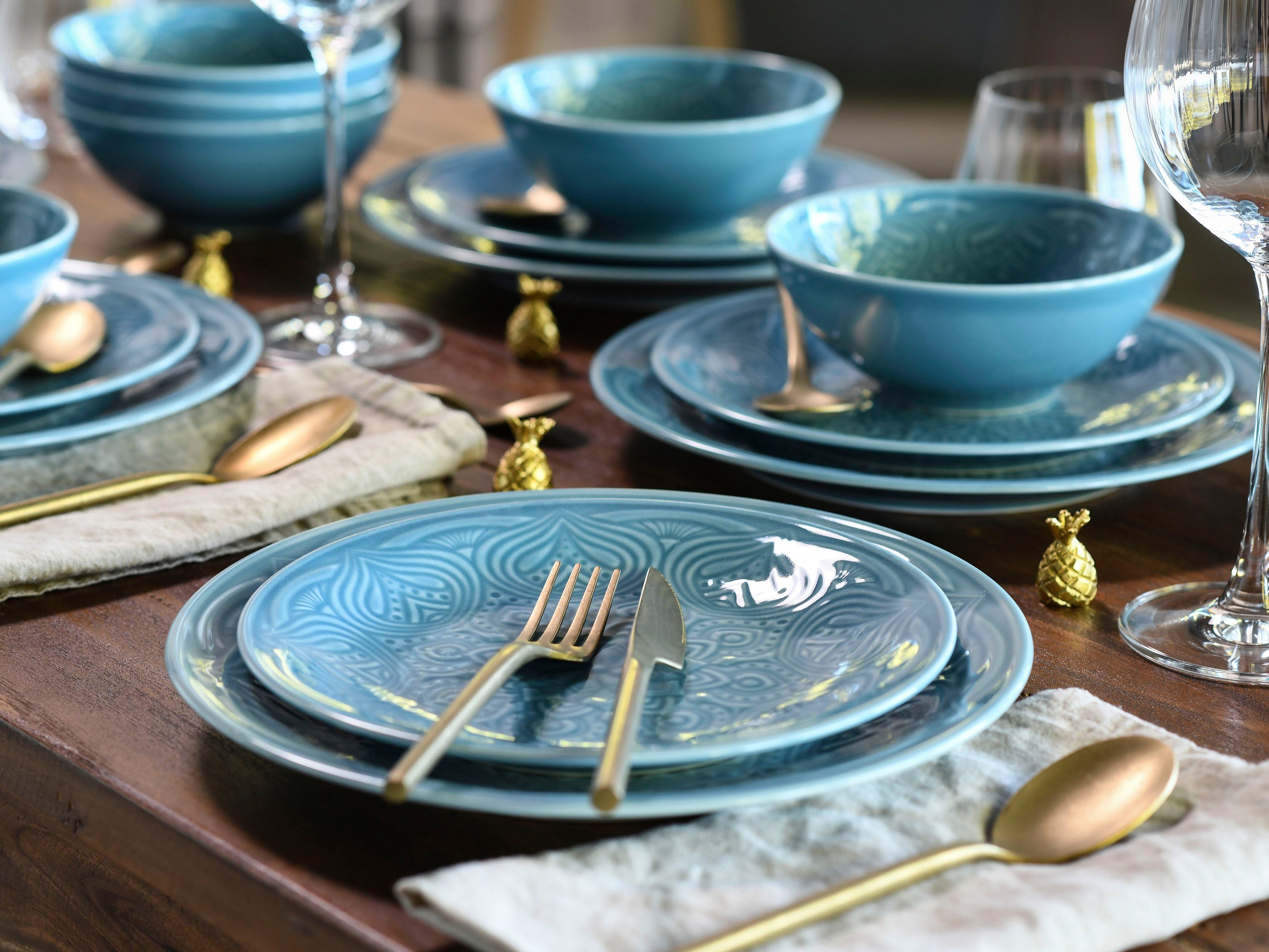 Orient Set Teller-Set Schalen im Speiseteller, blau Dessertteller CreaTable Porzellan, 6 Mandala (18-tlg), Personen, und