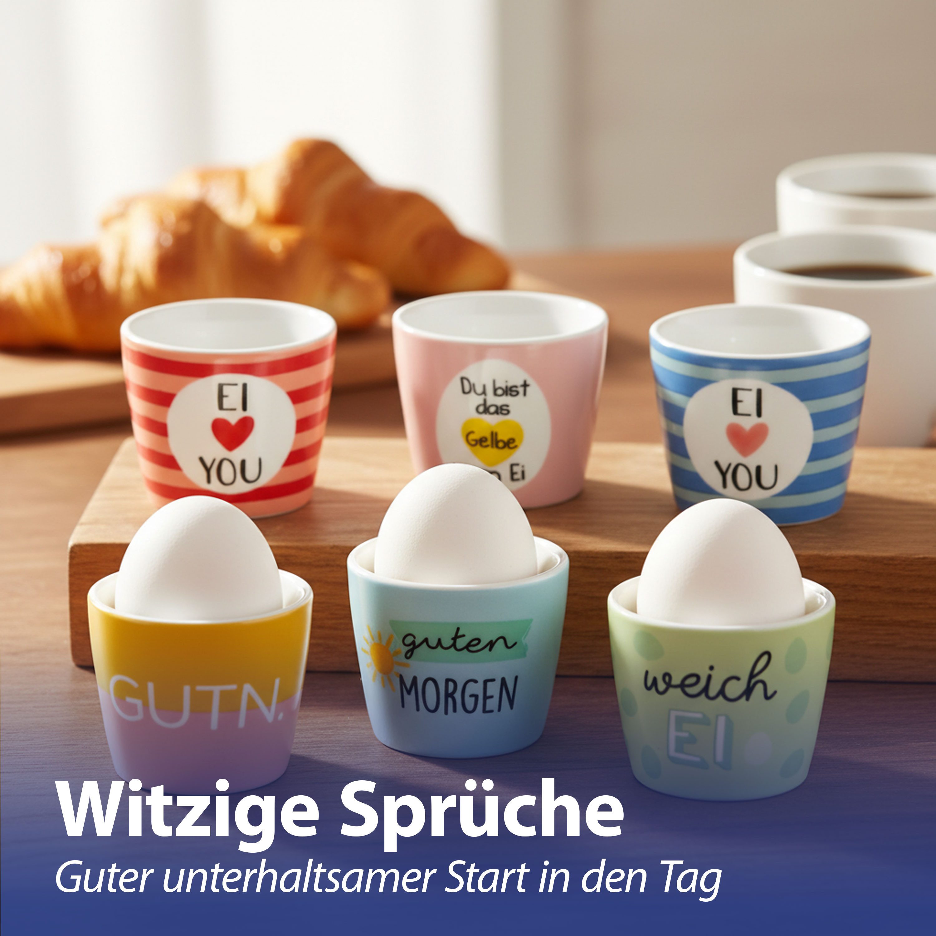CEPEWA Eierbecher Eierbecher 6er Set 6 Motive Steingut bunt 5x4cm Gute Laune Sprüche – Bild 4 von 5