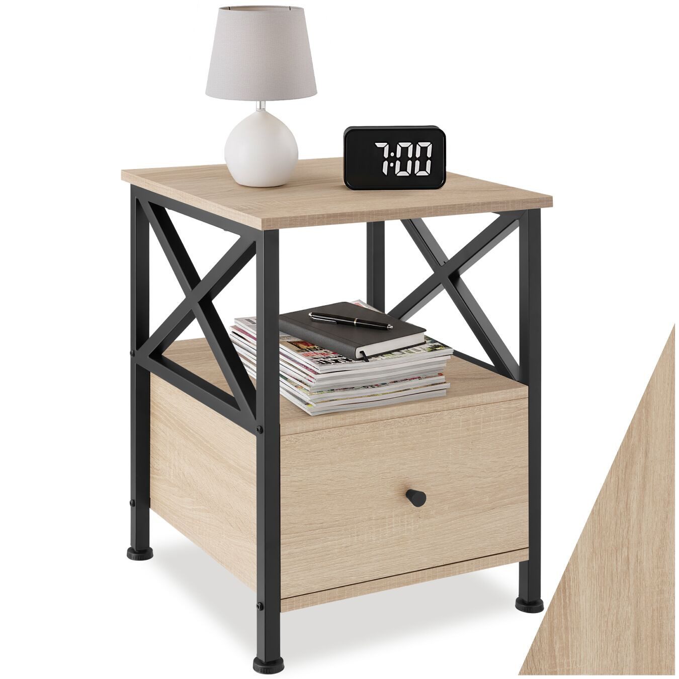 tectake Nachttisch Couchtisch mit höhenverstellbaren Kunststofffüßen, 40 x 41,5 x 55,5 (Beistelltisch Falkirk, 1-St., in Industrial Holz hell, Eiche Sonoma), 2 Ablagen und Schublade, seitliche Streben in X-Form