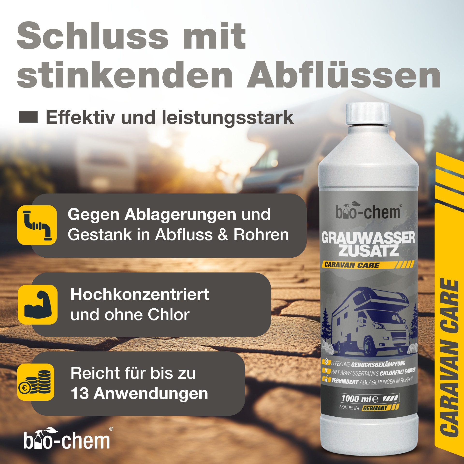 bio-chem bio-chem Grauwassertank-Zusatz 1L – Konzentrat gegen Gerüche Campingtoilettenreiniger (Grauwasser-Zusatz 2x 1 L)