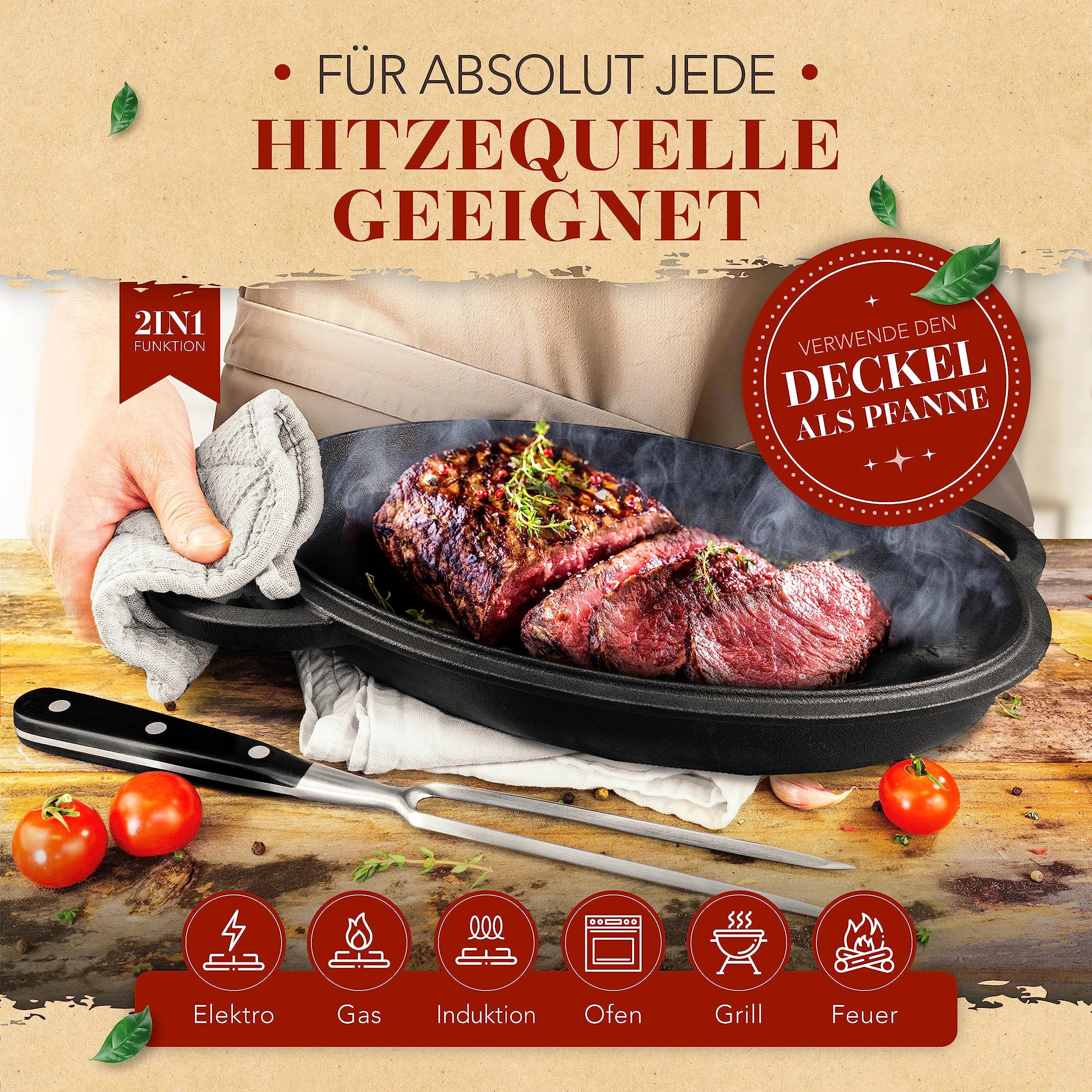 Krustenzauber Bräter 35cm Gusseisen Bräter mit Deckel backofengeeignet inkl. Fleischgabel, (Gusseisen Topf XXL - Idealer Schmortopf Kazan, Bräter Induktion), Gusseisenpfanne backofengeeignet
