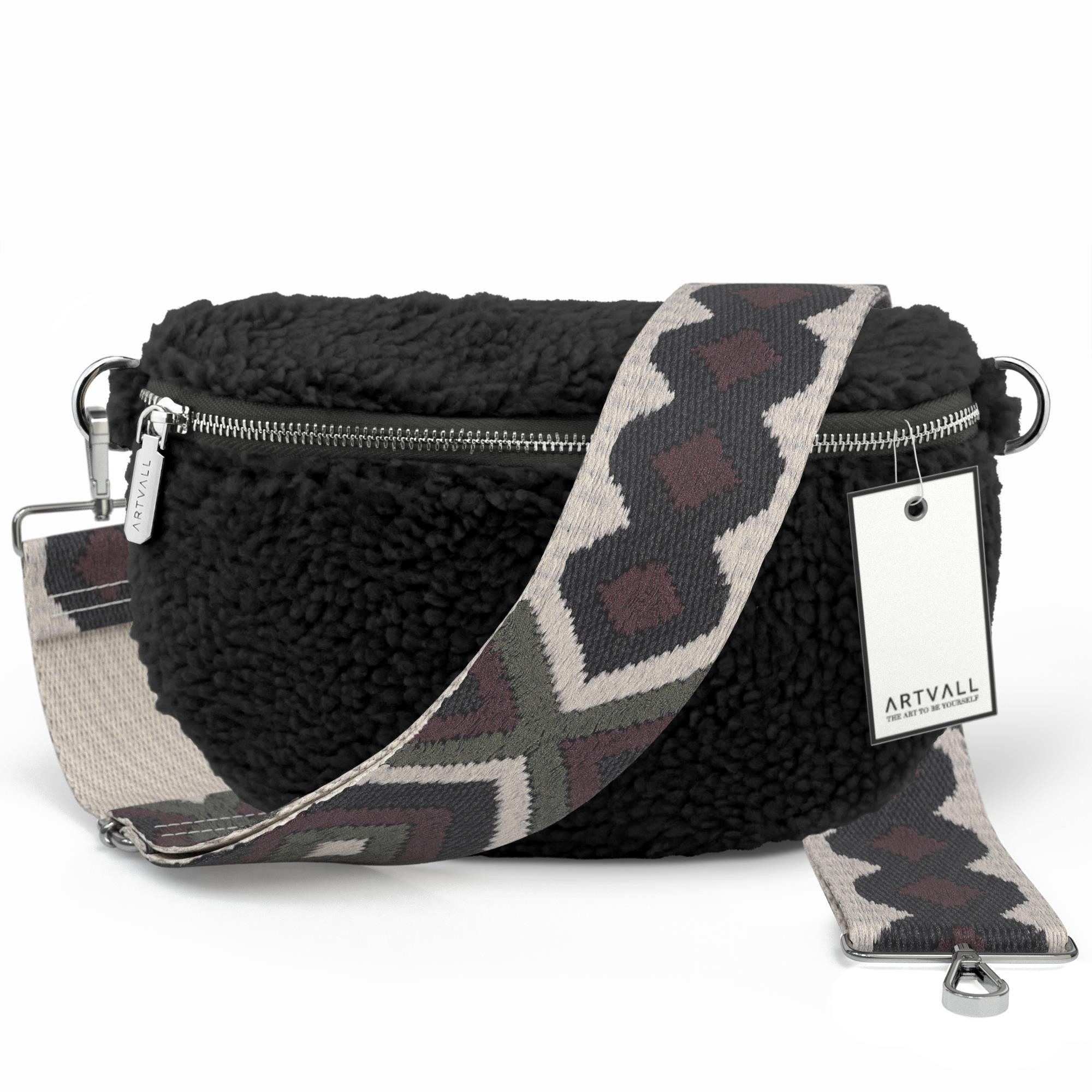ARTVALL Umhängetasche Teddy Handtasche Brusttasche Crossbody Bag Schwarz (Tasche inkl. Taschenband), Bauchtasche Teddytasche mit breitem Band Plüsch Tasche flauschig Klein