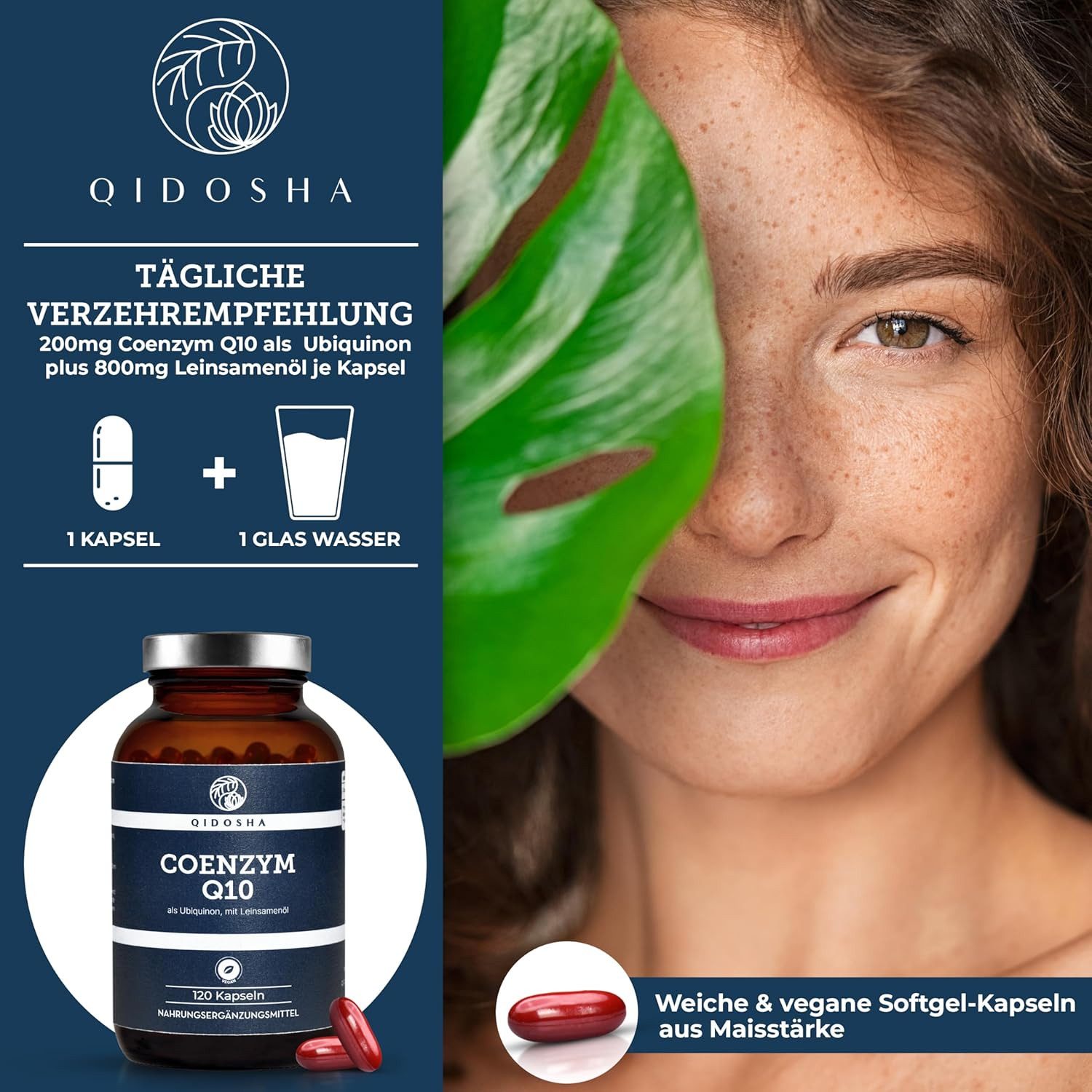 QIDOSHA Coenzym Q10 (Ubiquinon) mit Leinsamenöl Kapseln, 120 St., 174 g, Fermentiertes Coenzym Q10