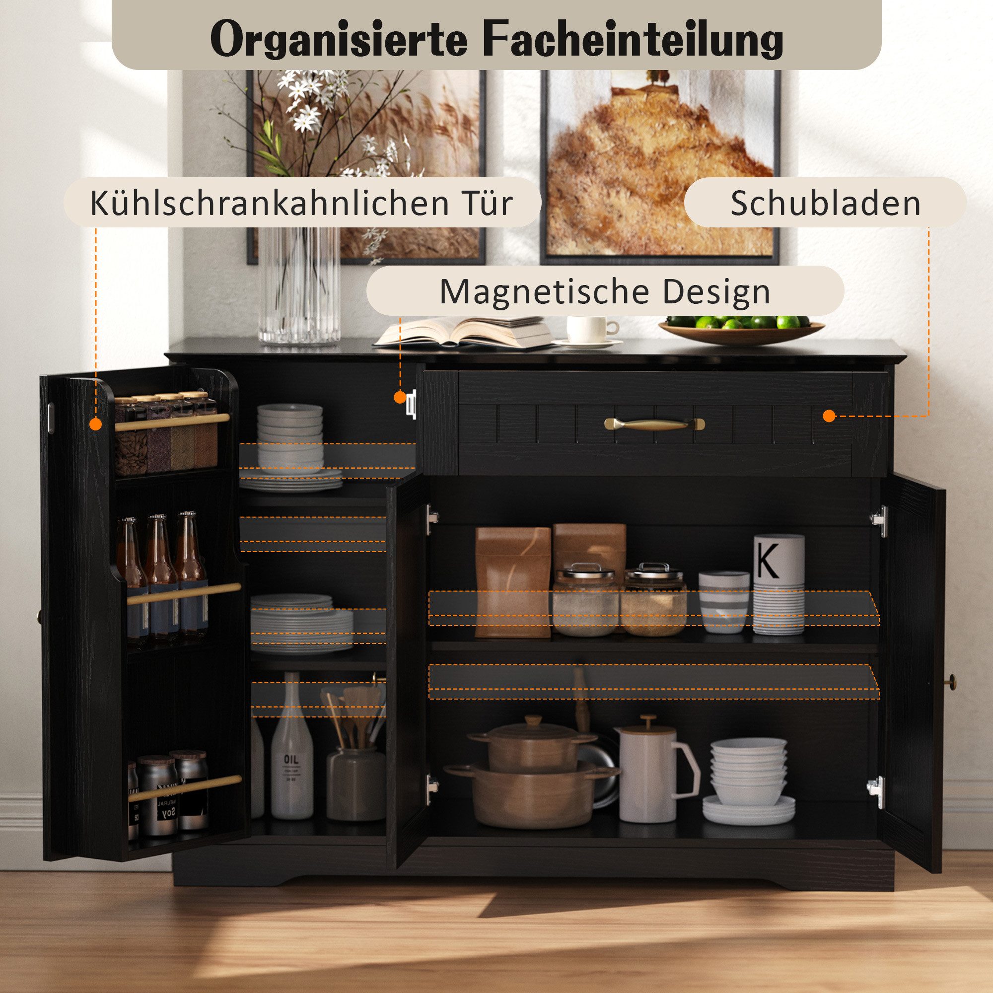 Odikalo Kücheninsel Sideboard mit Großer Stauraum, (Modernes, elegantes Sideboard mit 3 Türen und einer Schublade, Buffetschrank für Esszimmer, Wohnzimmer und Diele)