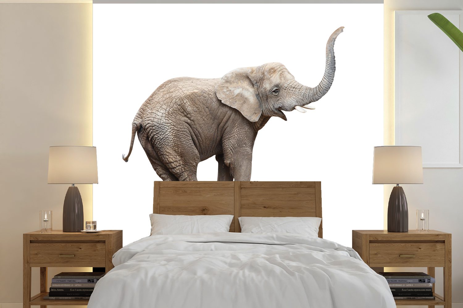 MuchoWow Fototapete Elefant - Globus - Weiß, Matt, bedruckt, (5 St), Vinyl Tapete für Wohnzimmer oder Schlafzimmer, Wandtapete