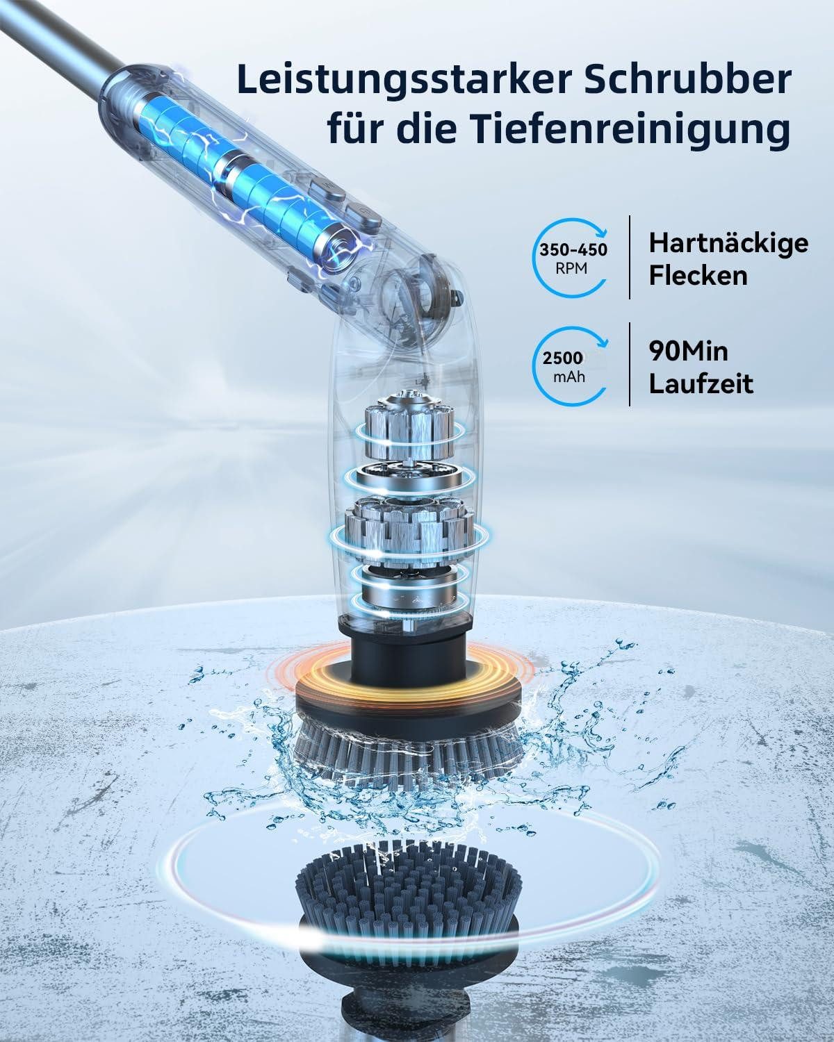 AIBISTAR Akku-Oberflächenbürste Elektrische Reinigungsbürste, 8 Aufsätze, 2 Geschwindigkeiten, LED-Farbanzeige für Akkustand, 4 verstellbare Winkel (90°–180),IPX7 wasserdicht