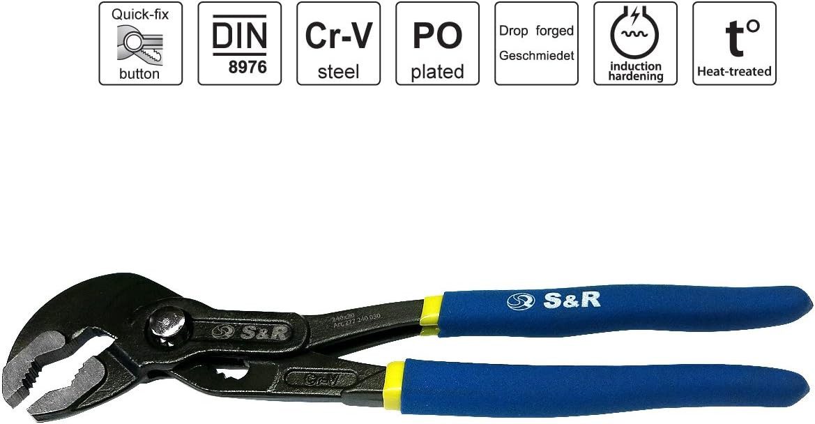 S&R Wasserpumpenzange 300x40mm, CR-V Stahl, phosphatiert, doppelt ummantelte Griffe, 1-tlg., der Schnelleinstellungs-Mechanismus ermöglicht einhändiges Arbeiten